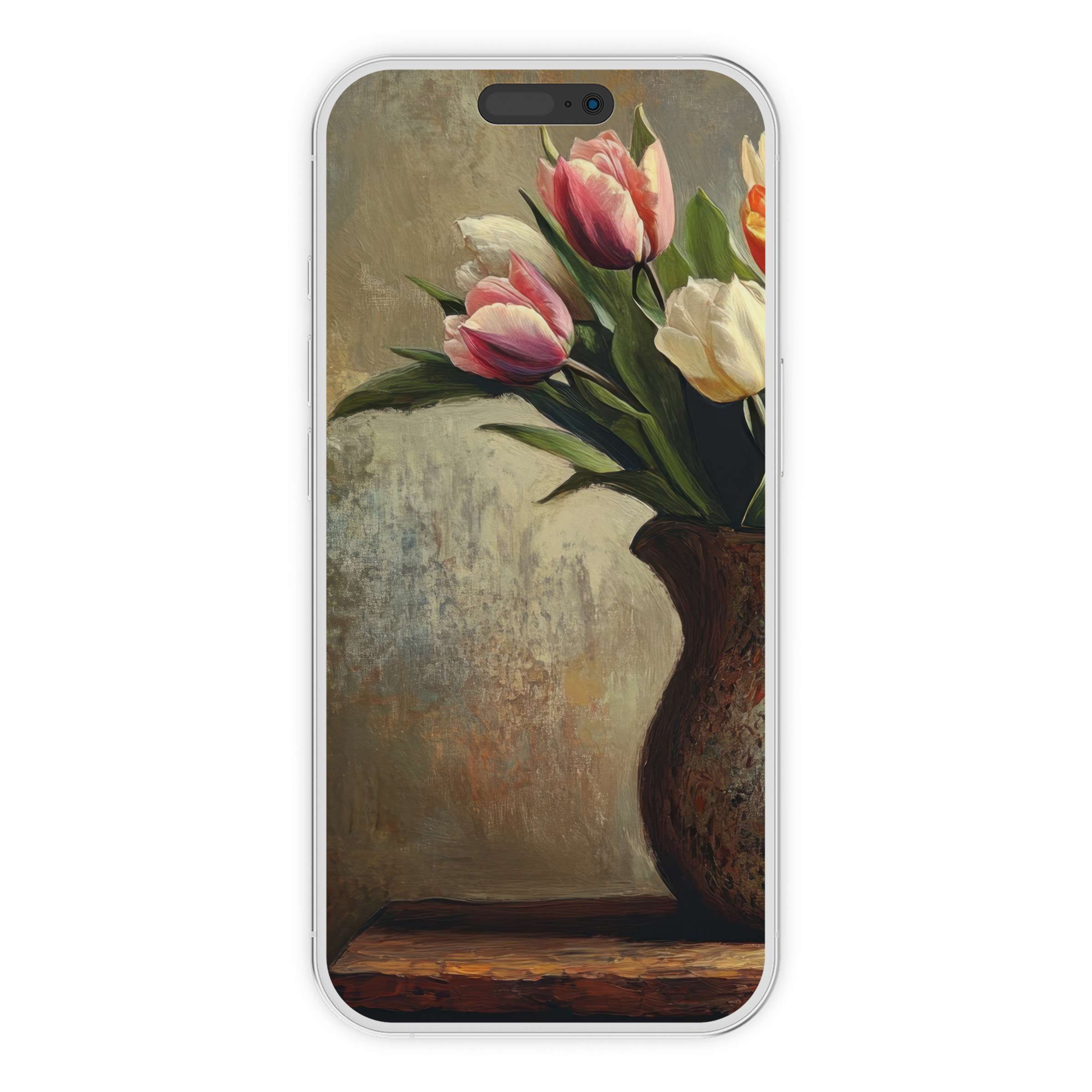 Elegant easter iPhone wallpaper showcasing tulip bouquet in earthy tones offers a soothing digital download phone background option
