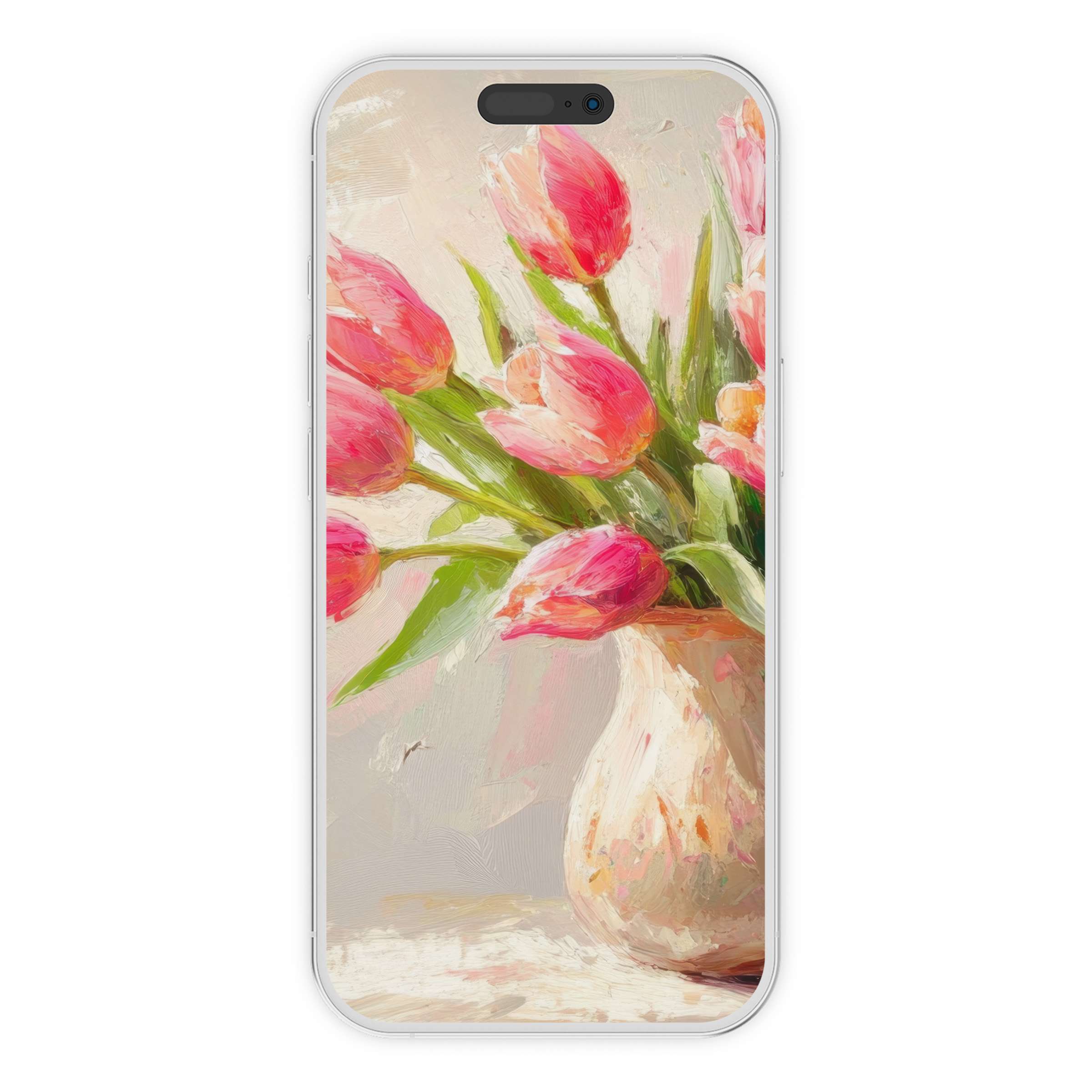Easter iPhone wallpaper featuring elegant pink tulips in a vase painting as a serene phone background digital download for all devices