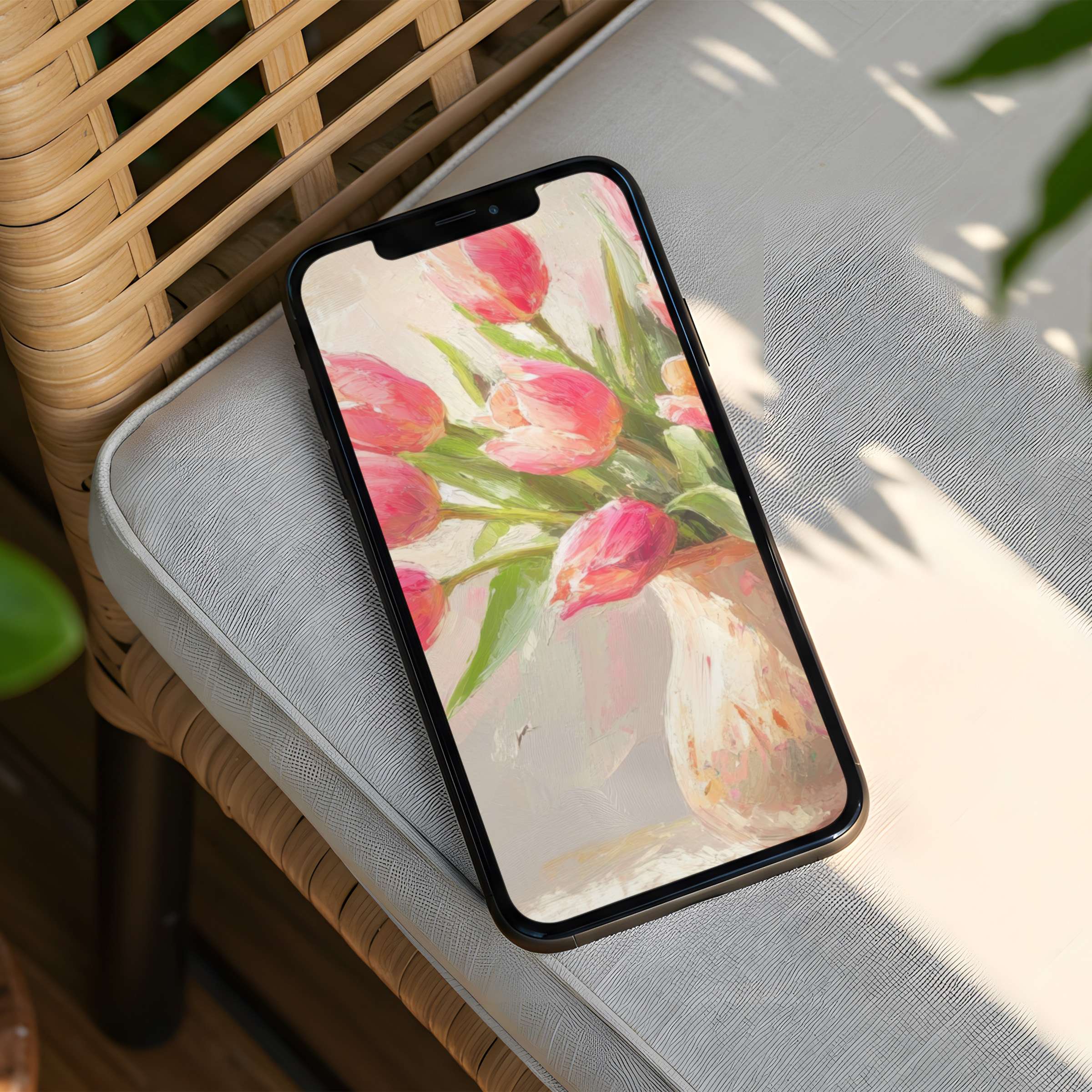 Elegant iPhone background with pink tulips in a vase, offering instant download for phone users seeking calm inspiration and style