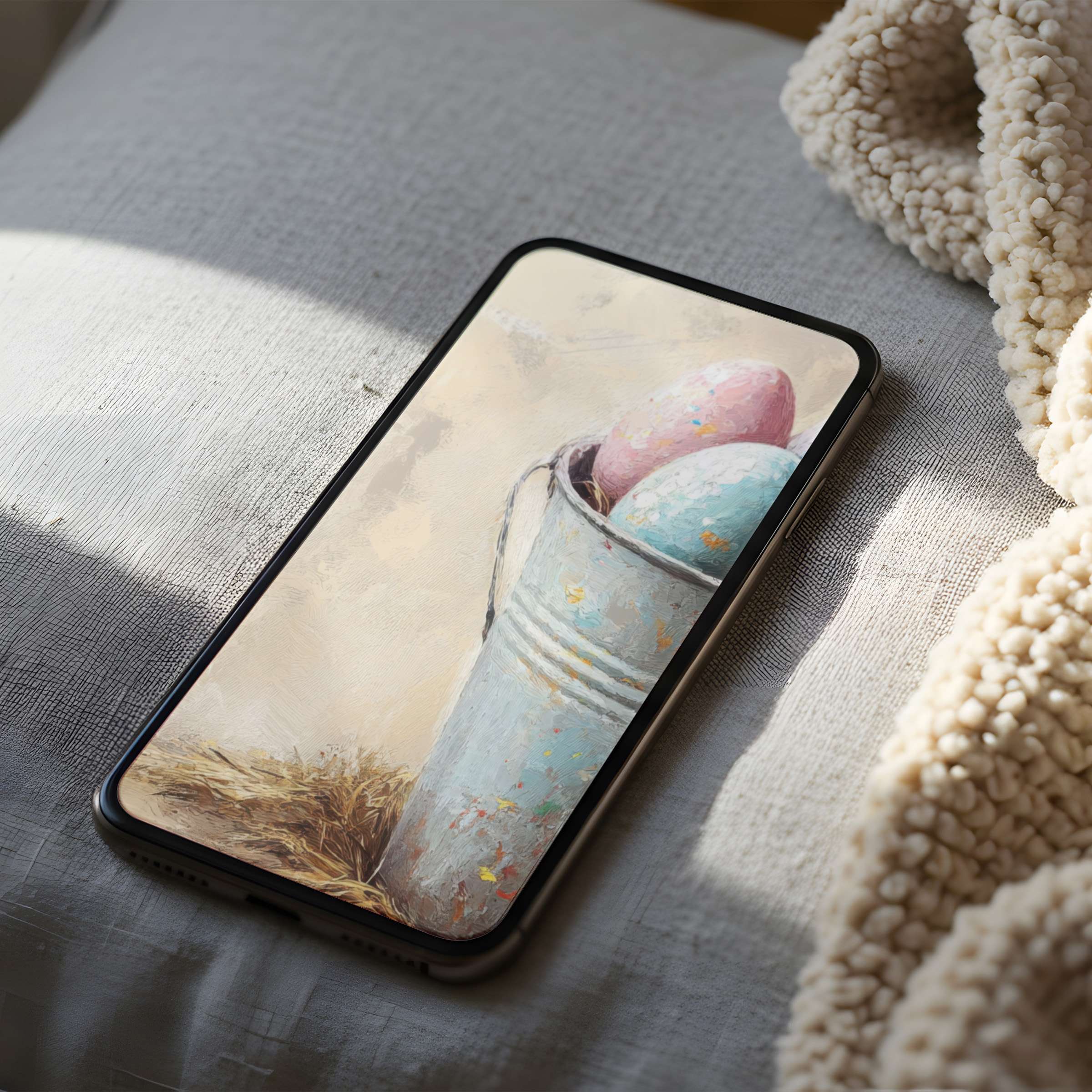 Chic phone wallpaper featuring pastel eggs in a rustic bucket, blending soft hues and texture for an elegant high resolution download fit for iPhone