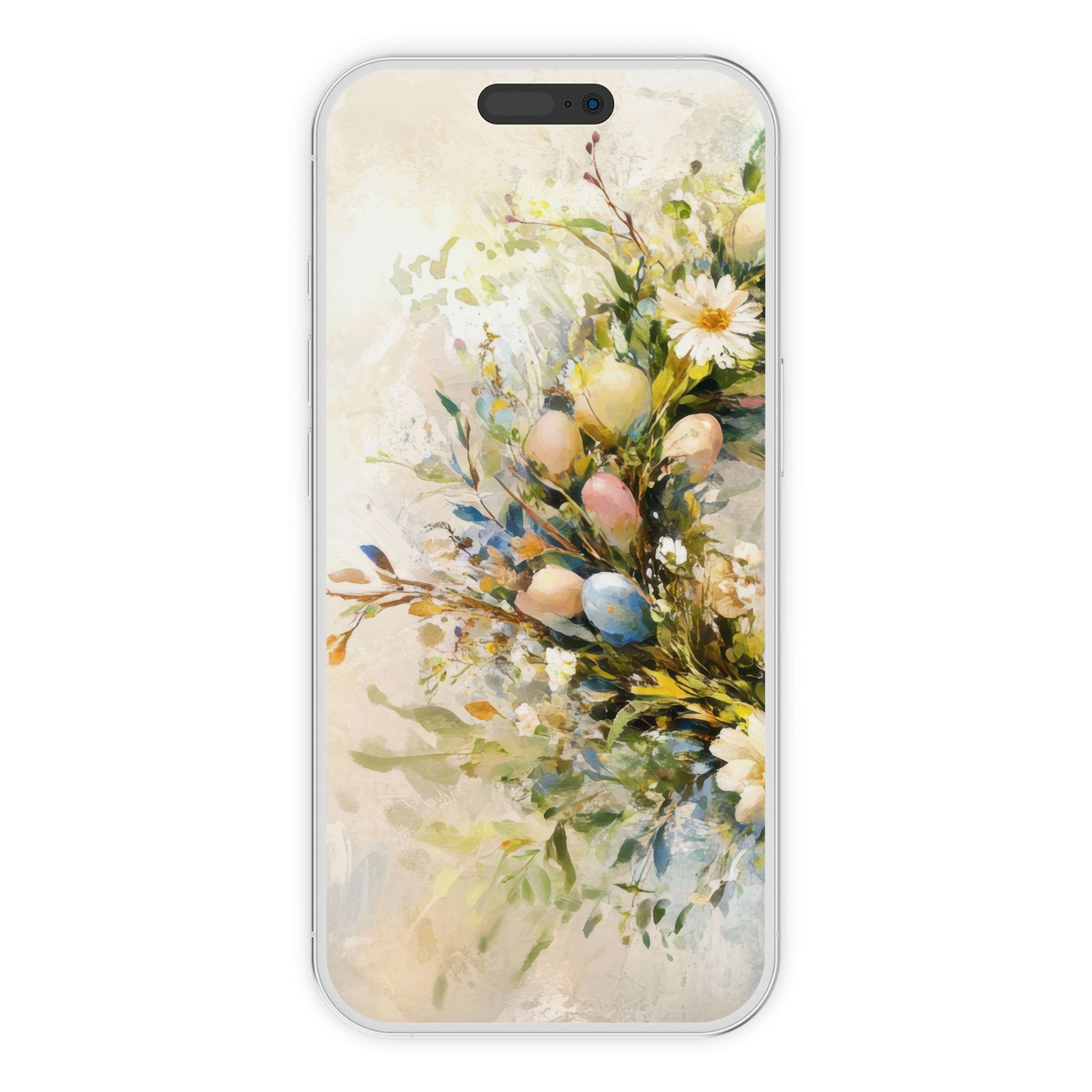 Elegant Easter iPhone wallpaper digital download with pastel eggs and flowers creates a calming phone background for all devices