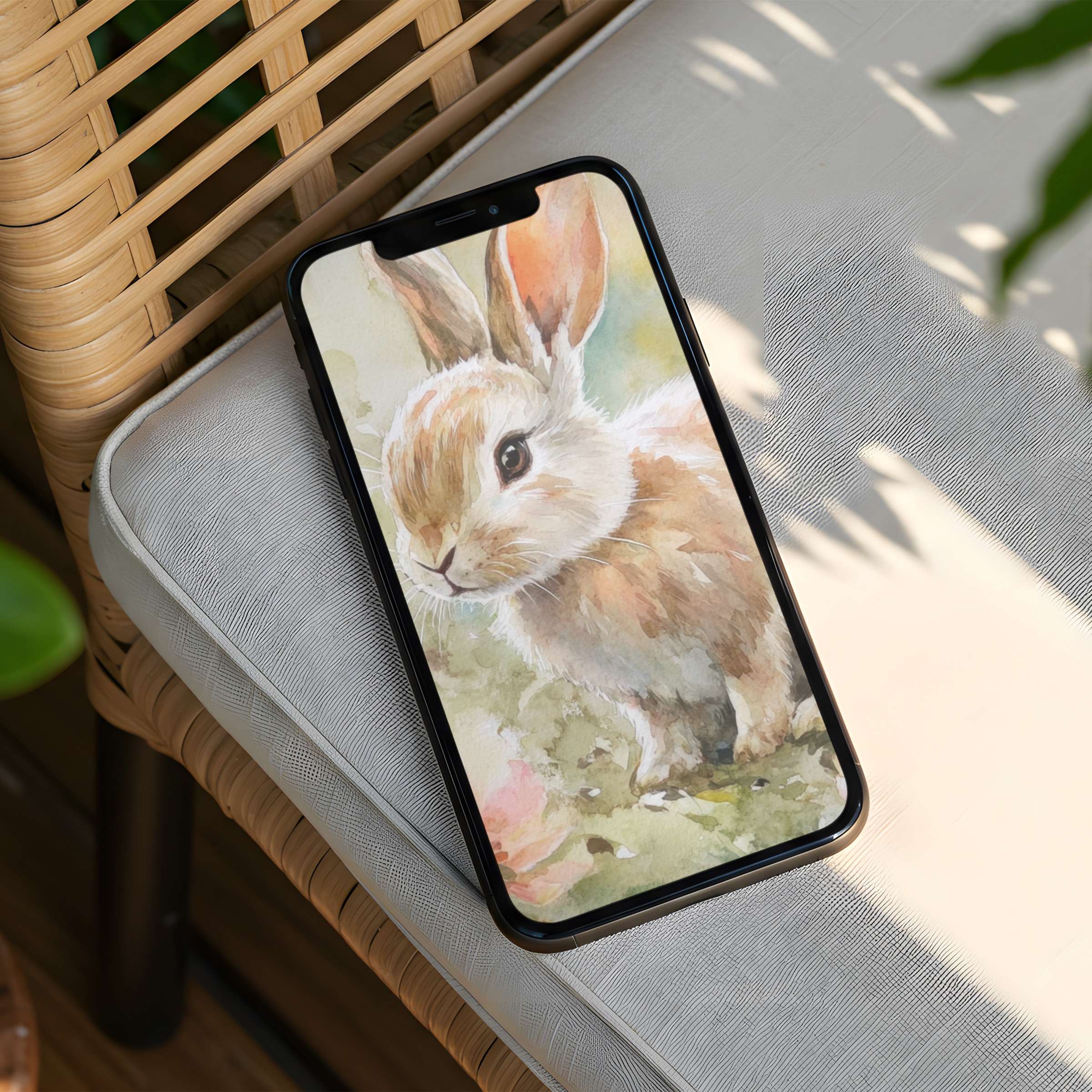 Elegant watercolor rabbit on iPhone background offers instant download for phone users seeking calm and artistic inspiration