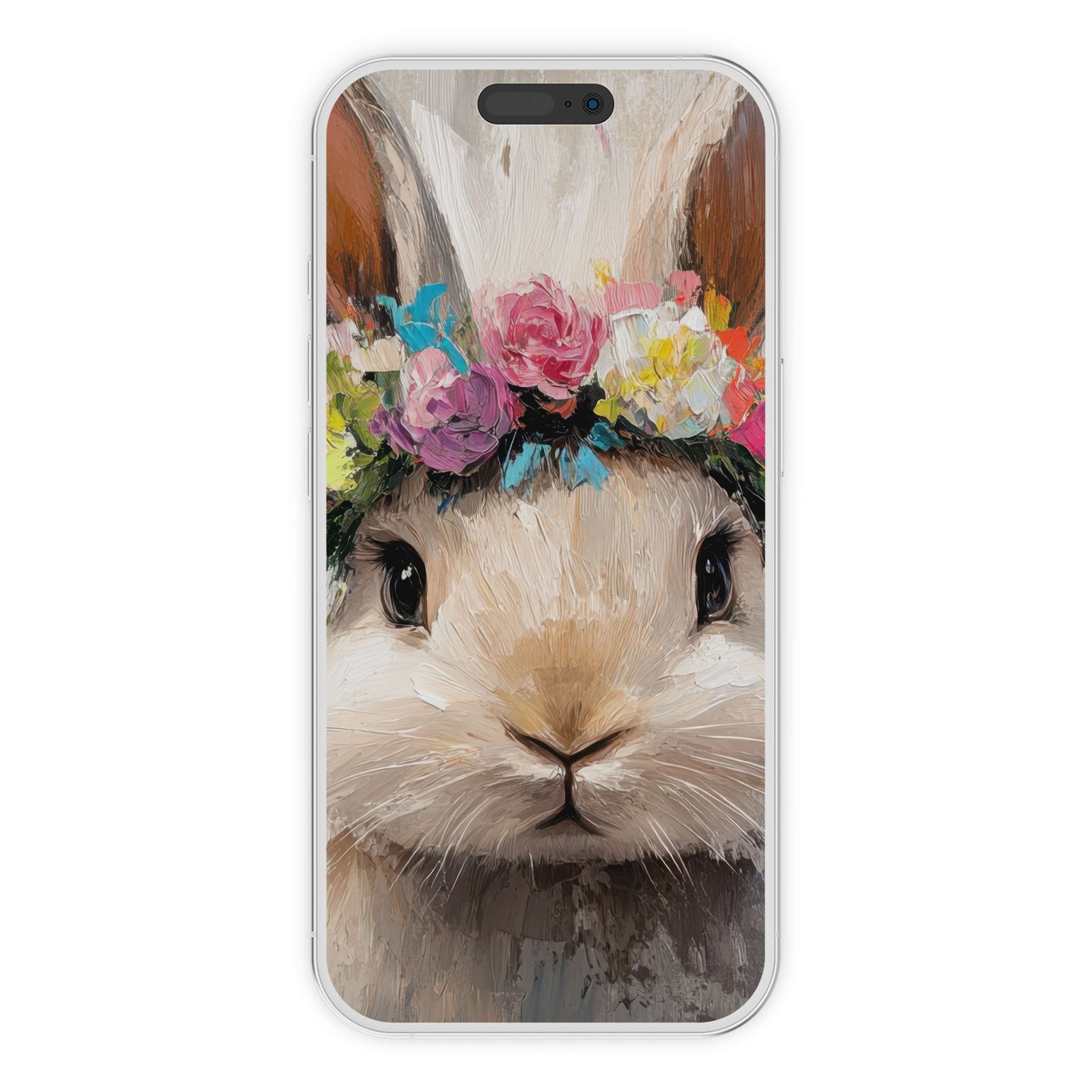 Elegant easter iPhone wallpaper featuring a vibrant floral-crowned bunny, perfect phone background for design lovers seeking calm digital download