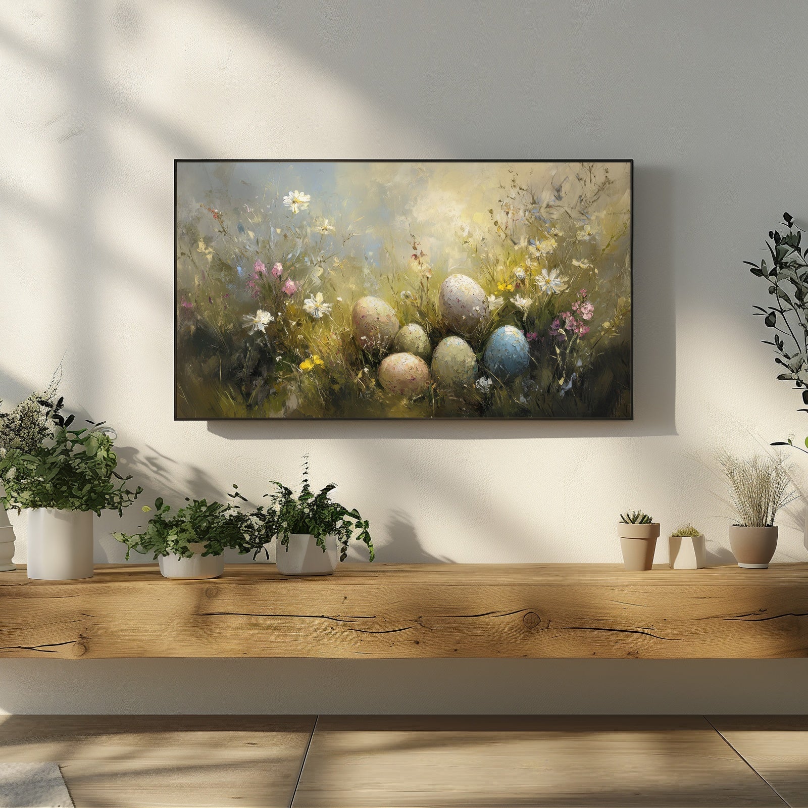 Easter digital painting with pastel eggs nestled in wild spring flowers, soft painterly textures and warm natural tones for modern Samsung Frame TV decor