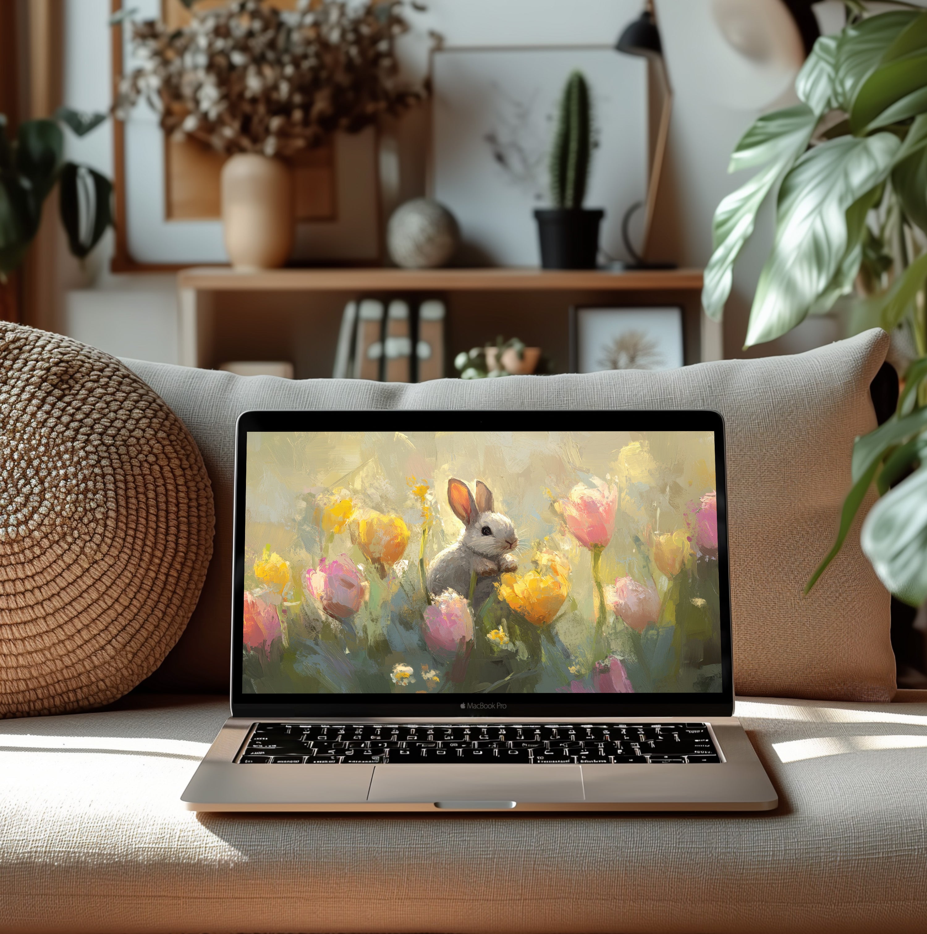 Easter computer wallpaper featuring a cute bunny surrounded by blooming tulips in soft pastel tones, displayed on a MacBook in a cozy sunlit living room - a peaceful and uplifting spring digital artwork by Gallery Flair designed to brighten your workspace
