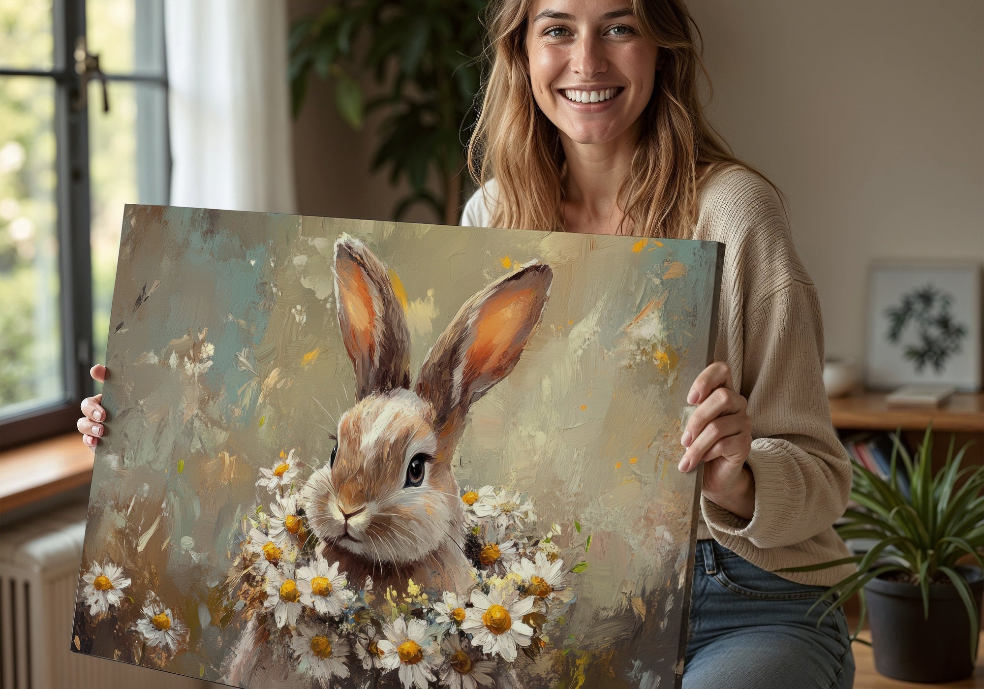 Woman with a Easter Digital Print with a floral easter bunny
