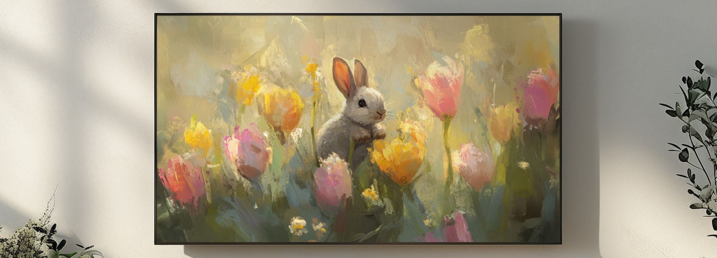 Easter digital painting of a cute bunny sitting among pastel tulips, soft painterly texture and warm light for modern Samsung Frame TV home decor