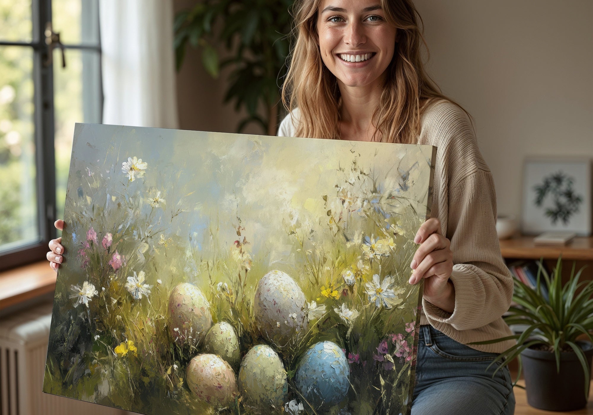 Smiling woman holding an Easter printable wall art featuring pastel-colored eggs nestled in spring flowers, symbolizing renewal and the beauty of the season