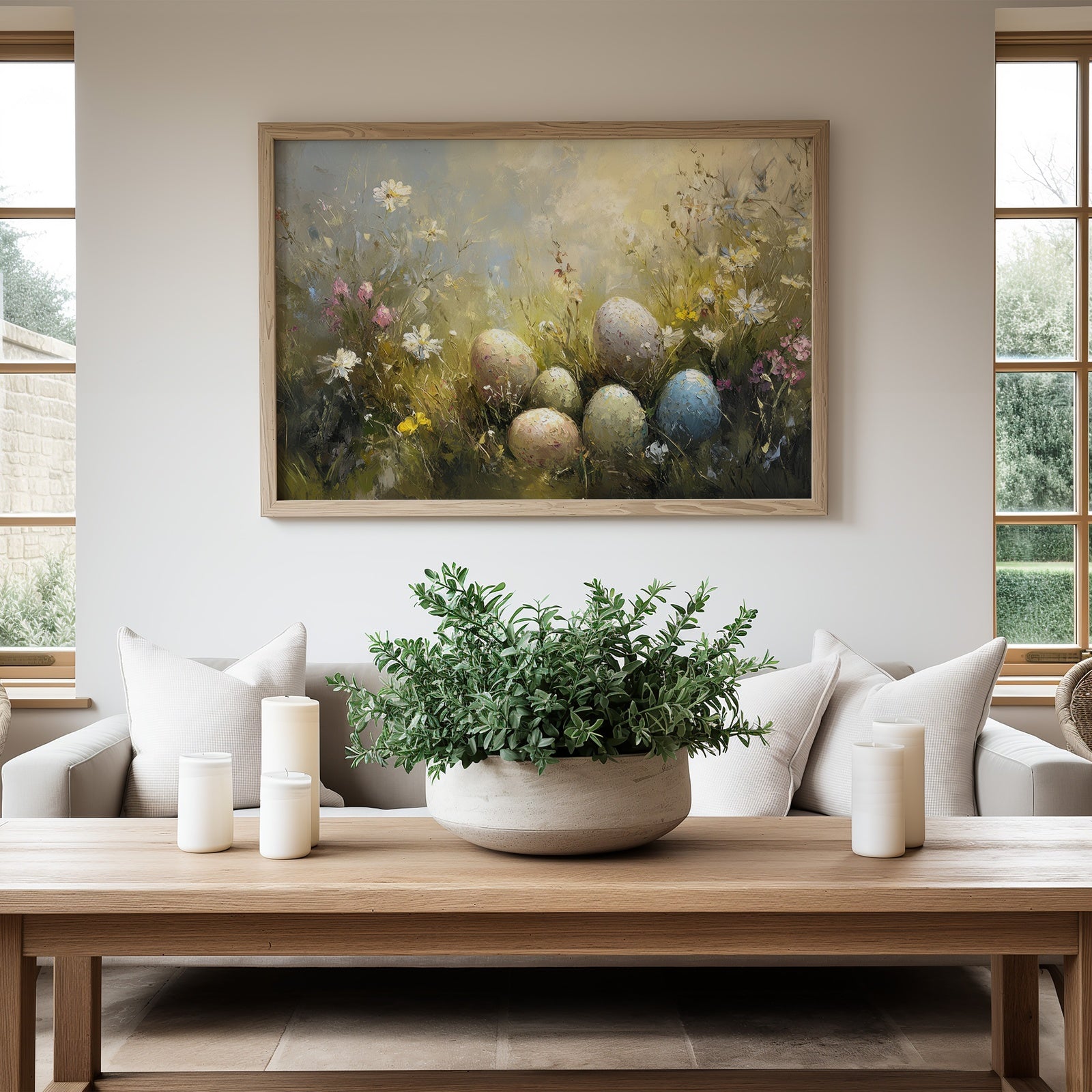 Easter Printable Wall Art with Easter Eggs and Wildflowers in modern living room