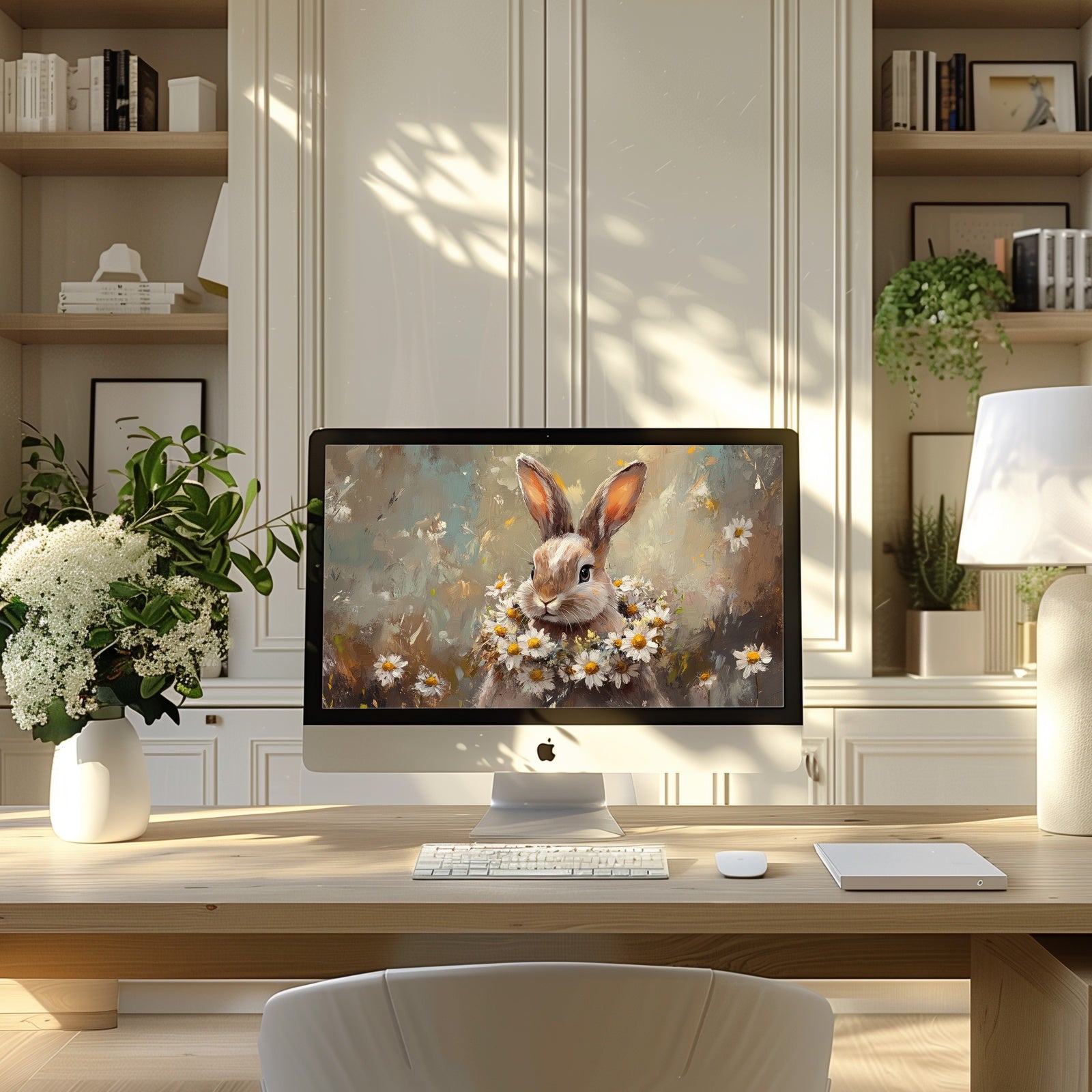 Easter desktop wallpaper featuring a charming rabbit surrounded by white daisies, displayed on an iMac in a softly lit modern home office - a serene and joyful spring digital artwork by Gallery Flair designed to bring warmth and renewal to your workspace
