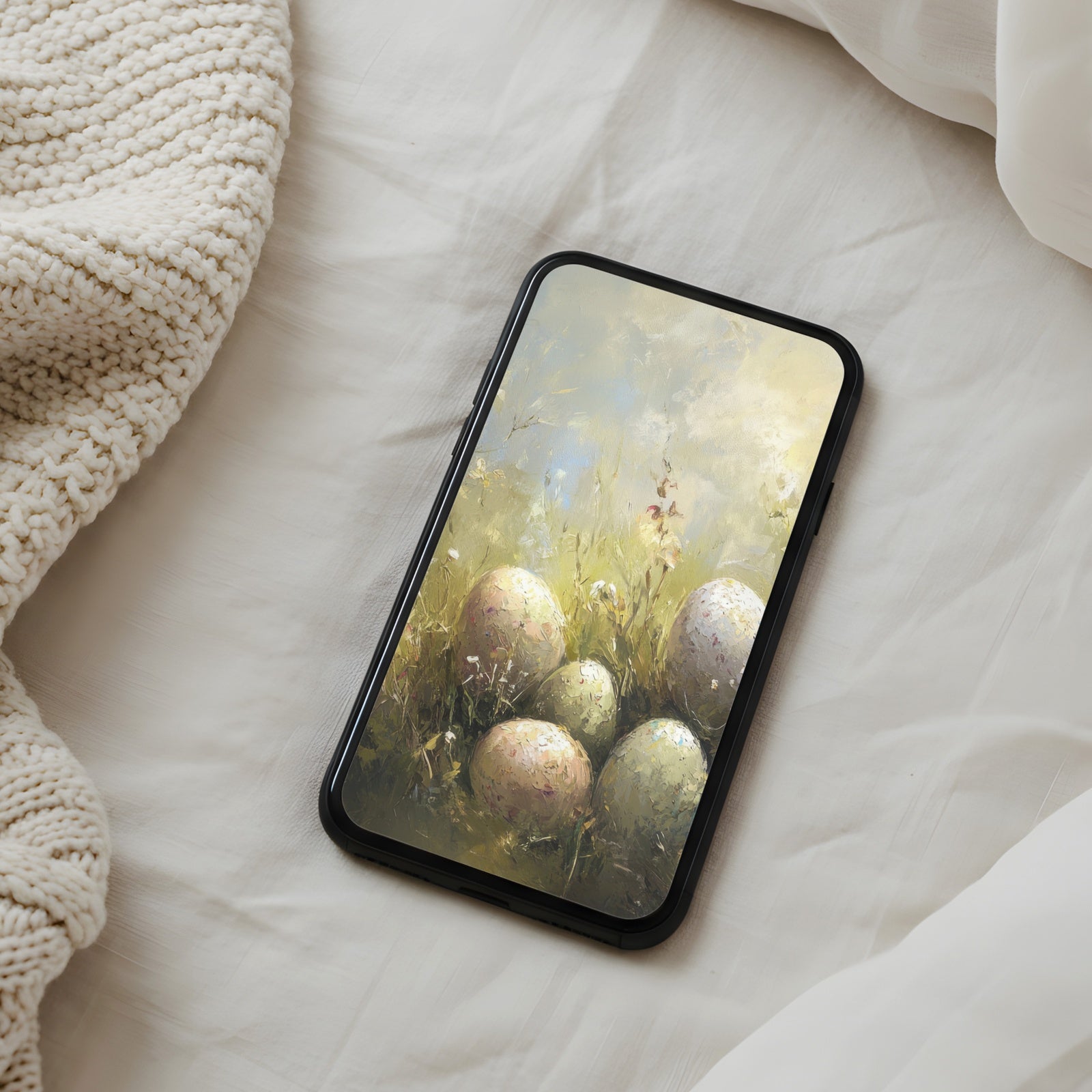 Easter phone wallpaper with pastel painted eggs nestled in a sunlit meadow - a calm, airy spring background for an elegant and uplifting home screen