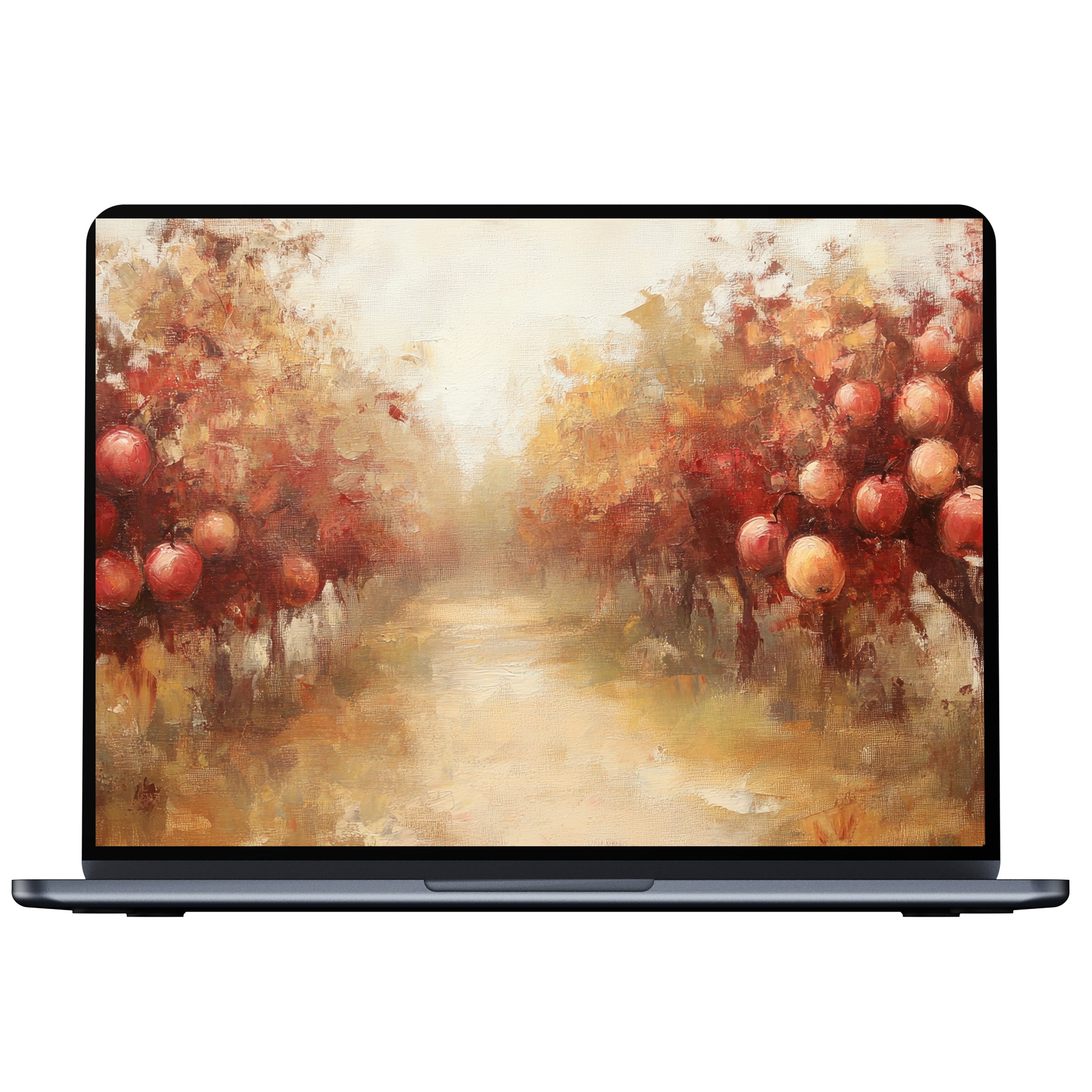 Elegant fall desktop wallpaper with an impressionist orchard path, calm autumn hues, perfect digital download for PC, laptop, Mac