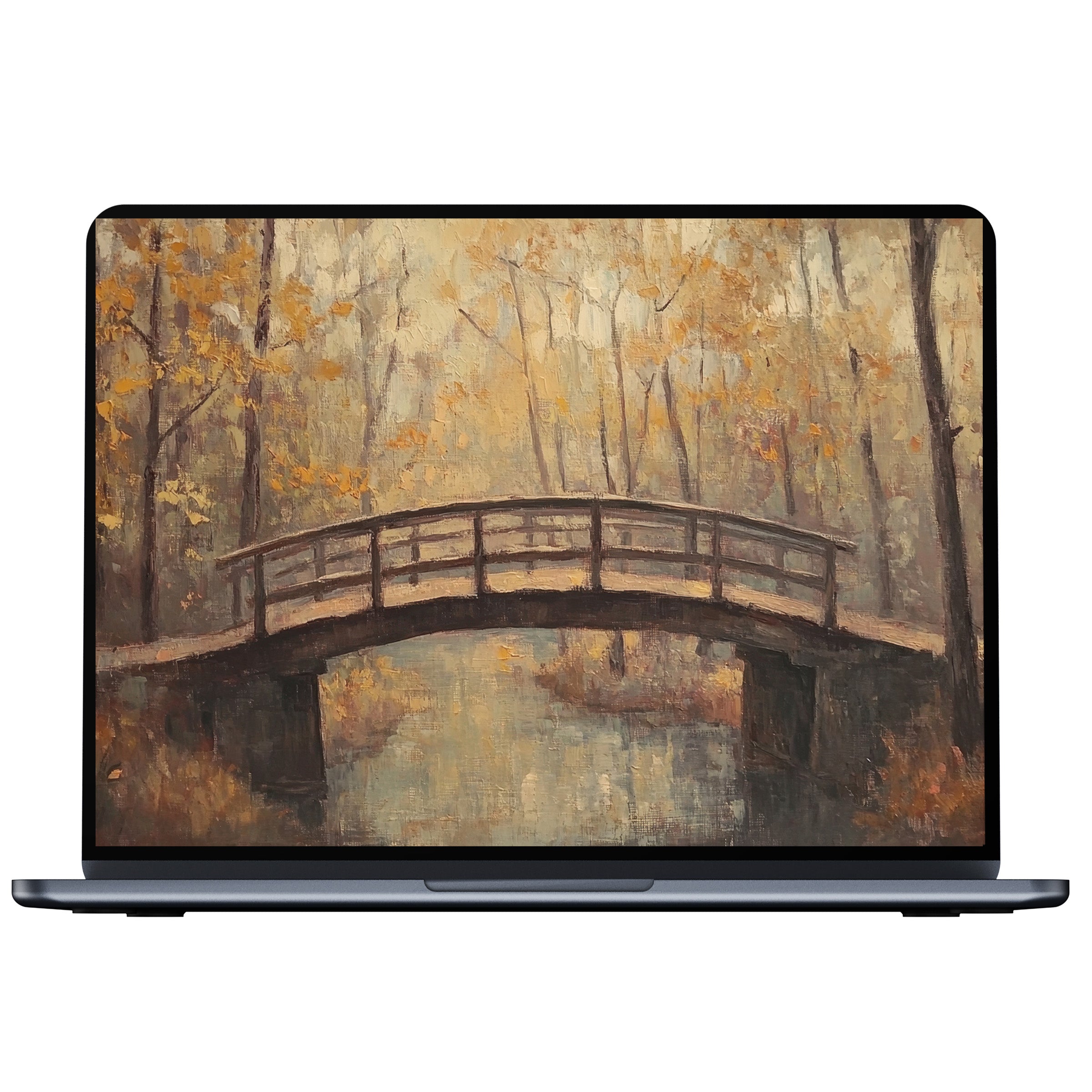 Elegant fall desktop wallpaper featuring a serene autumn bridge scene perfect for digital download on PC or laptop, inspiring mindfulness