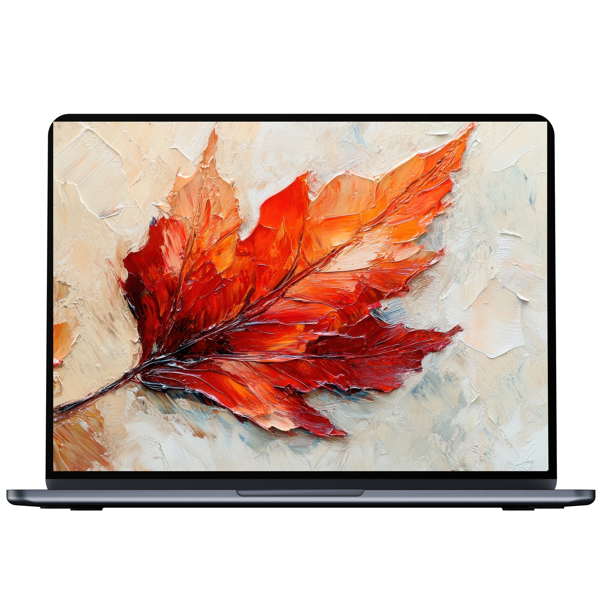 Elegant fall desktop wallpaper digital download featuring a vibrant red leaf on textured cream background perfect for PC laptop Mac
