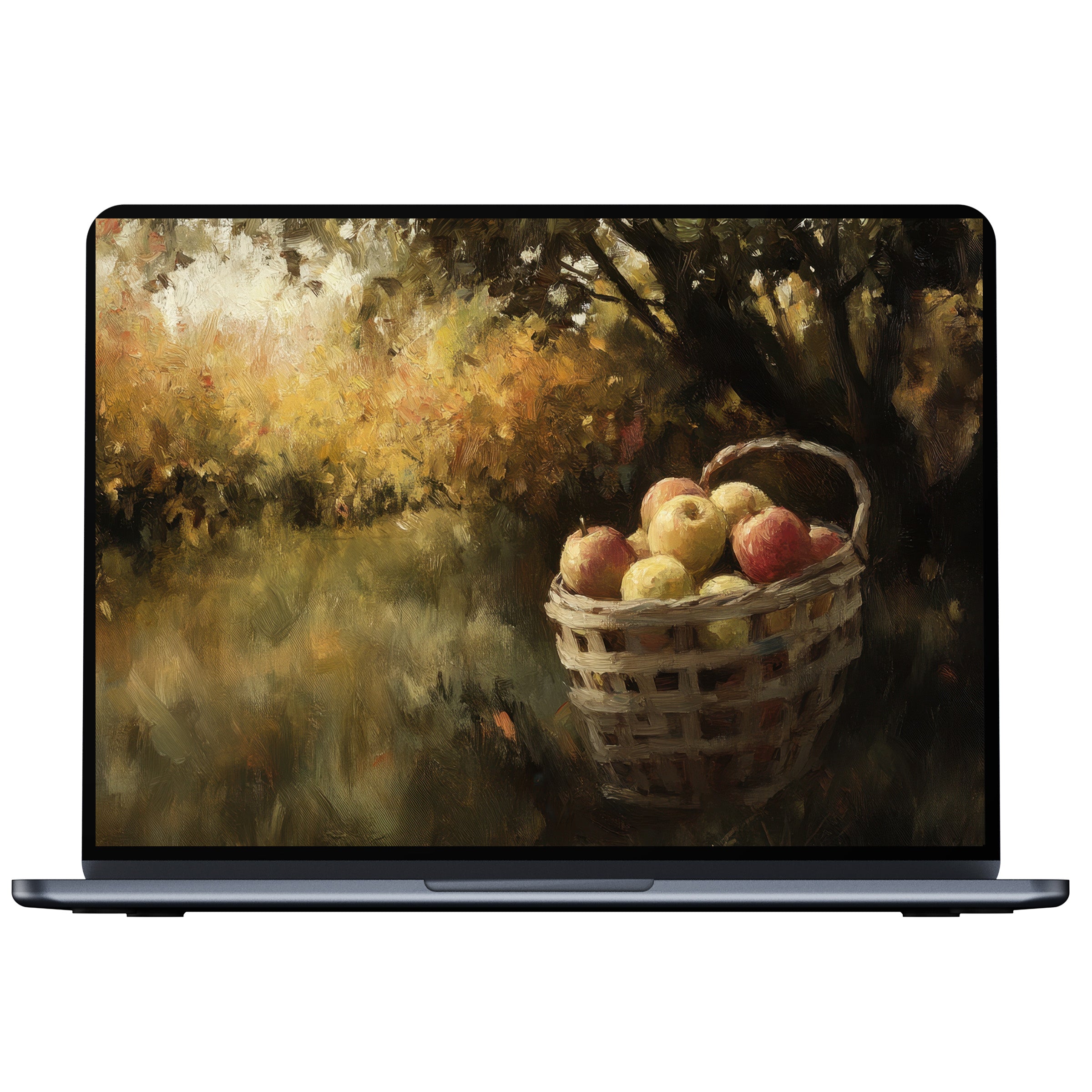 Elegant fall desktop wallpaper featuring a basket of apples in a serene landscape digital download for PC, laptop, Mac users