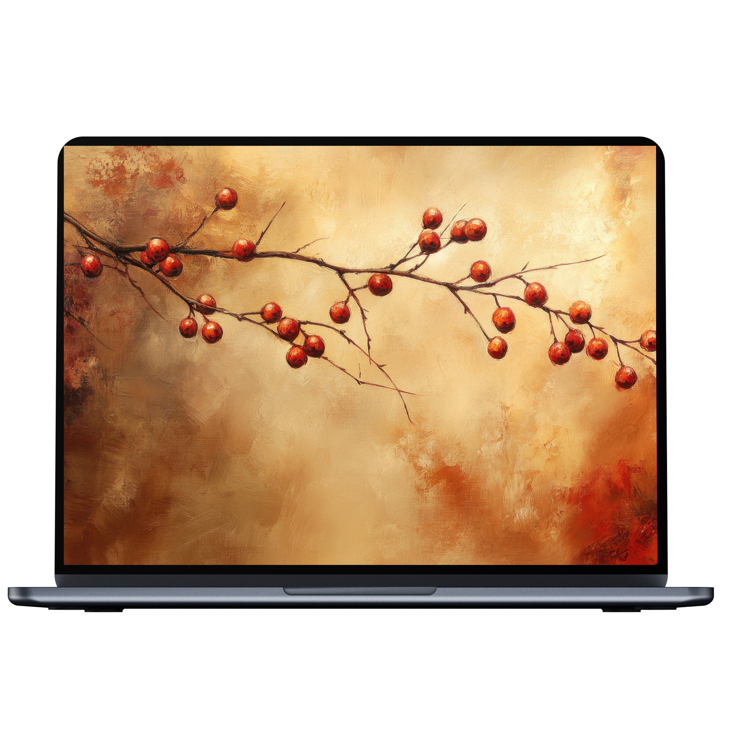 Elegant fall desktop wallpaper featuring a red berry branch on a warm textured background digital download for PC, Laptop, Mac