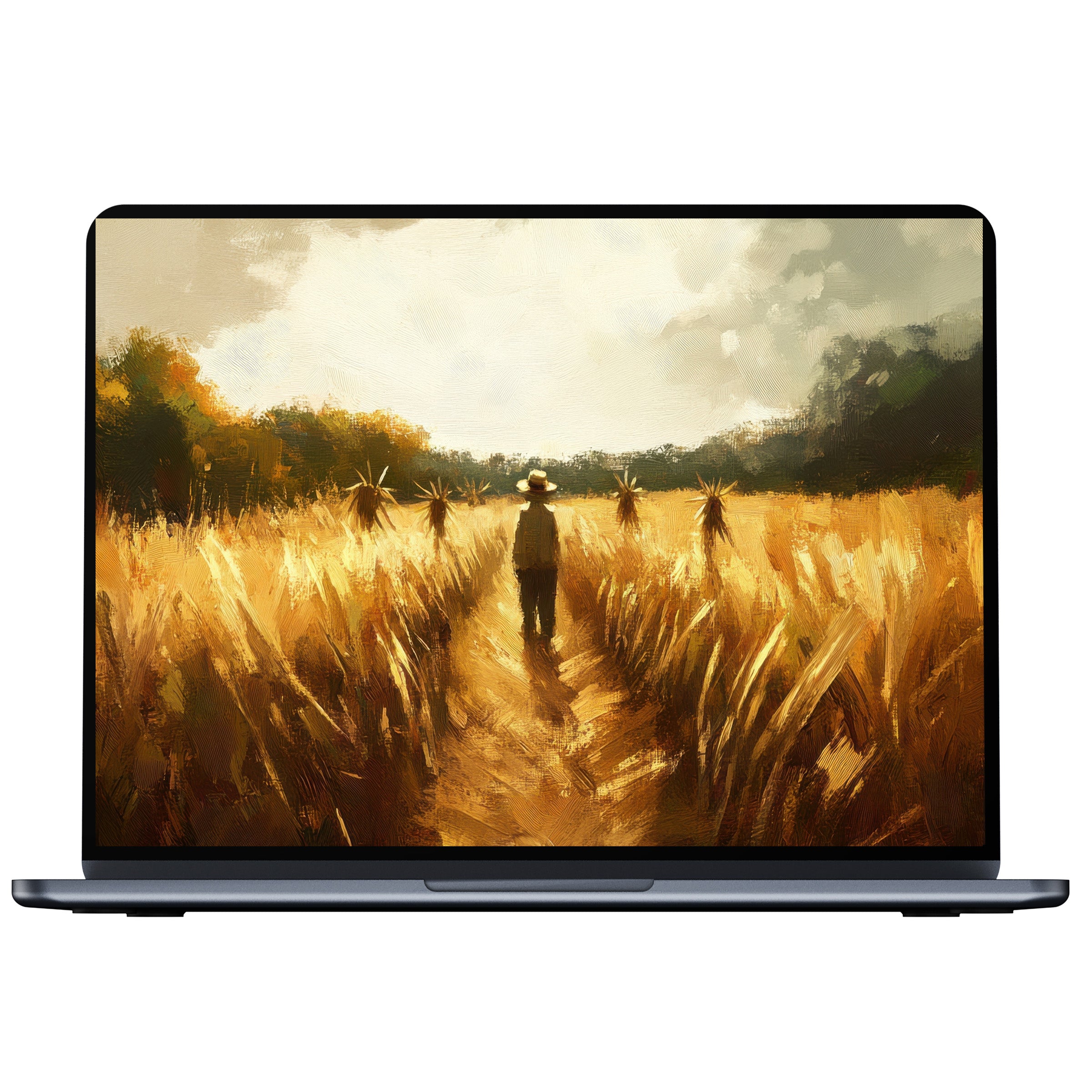 Fall desktop wallpaper featuring a serene golden field painting for PC, laptop, or Mac digital download inspiring calm and elegance