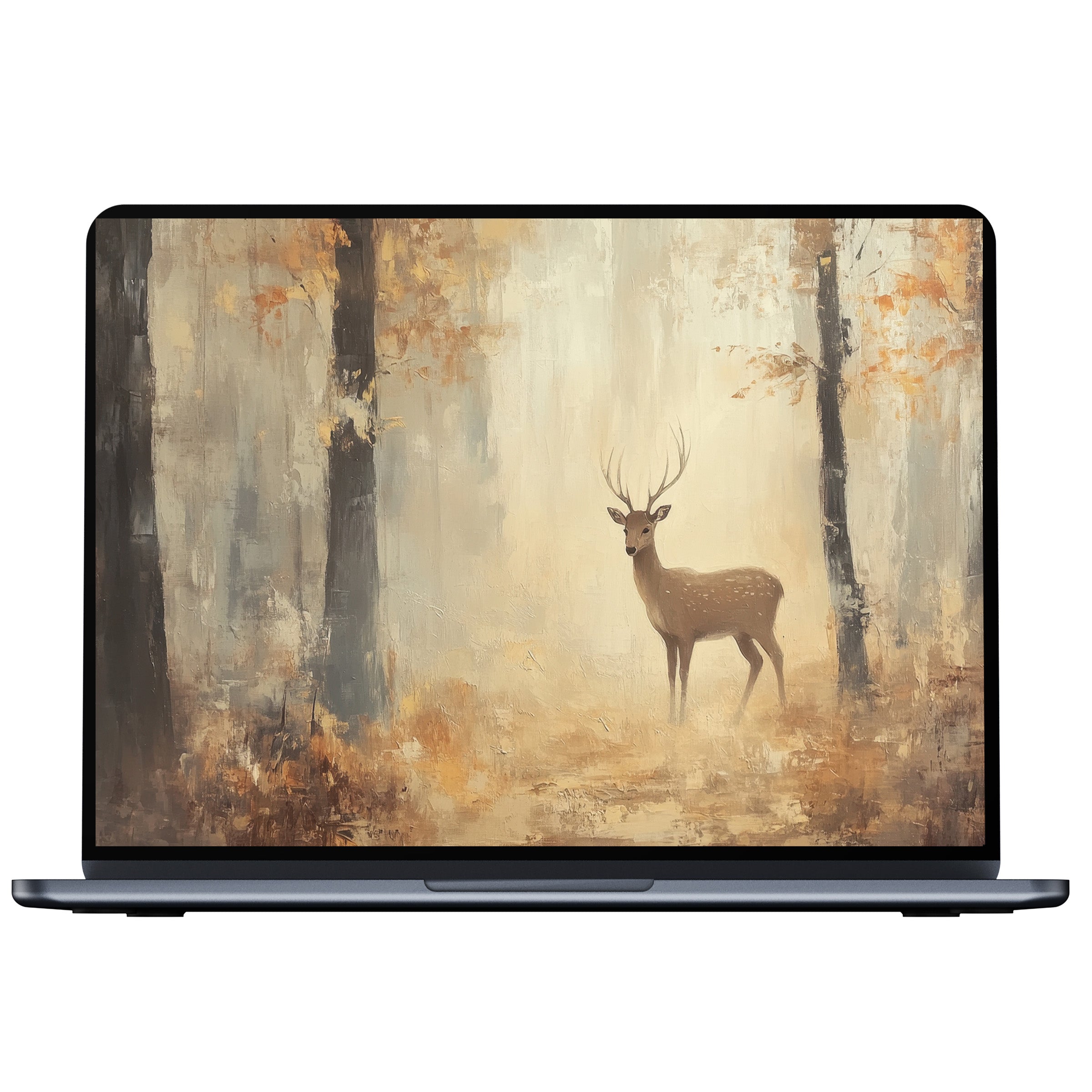 Fall desktop wallpaper featuring a serene autumn forest with a majestic deer, perfect for digital download on PC or laptop