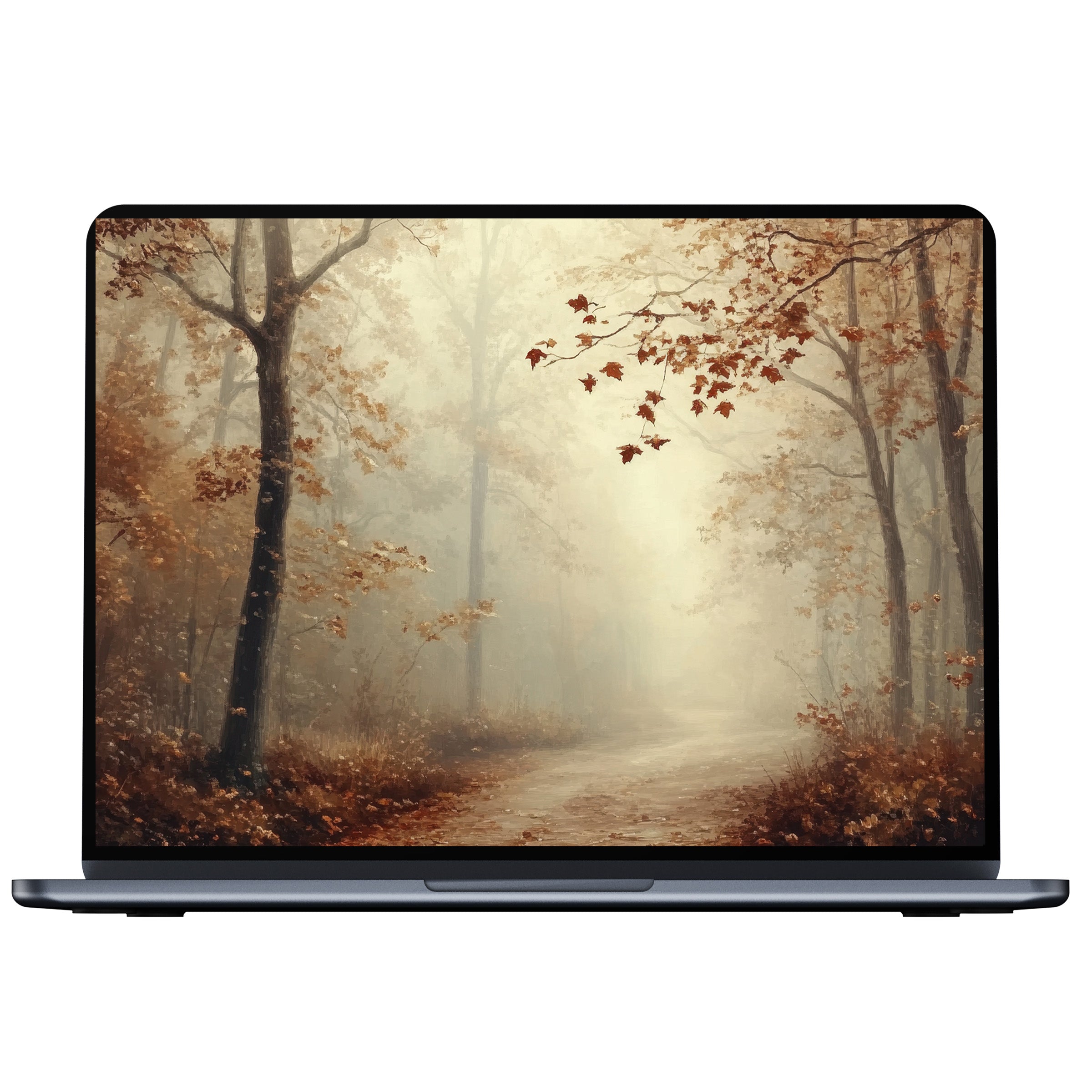 Mystical fall desktop wallpaper featuring a serene woodland path, ideal digital download for PC, laptop, and Mac, evokes calm elegance