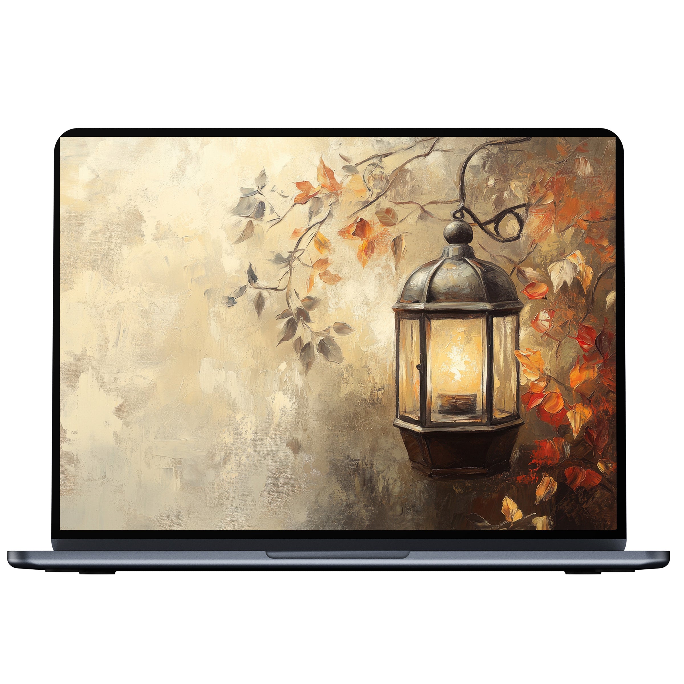 Elegant fall desktop wallpaper featuring a vintage lantern among autumn leaves, perfect digital download for PC, Laptop, and Mac tranquility
