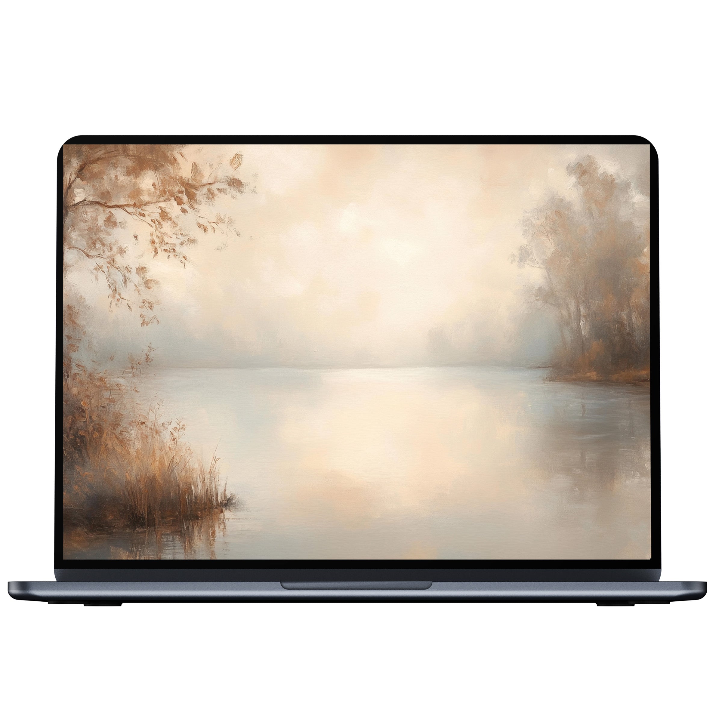 Serene fall desktop wallpaper for PC, laptop, or Mac featuring peaceful foggy lake scene evokes calm and elegance digital download