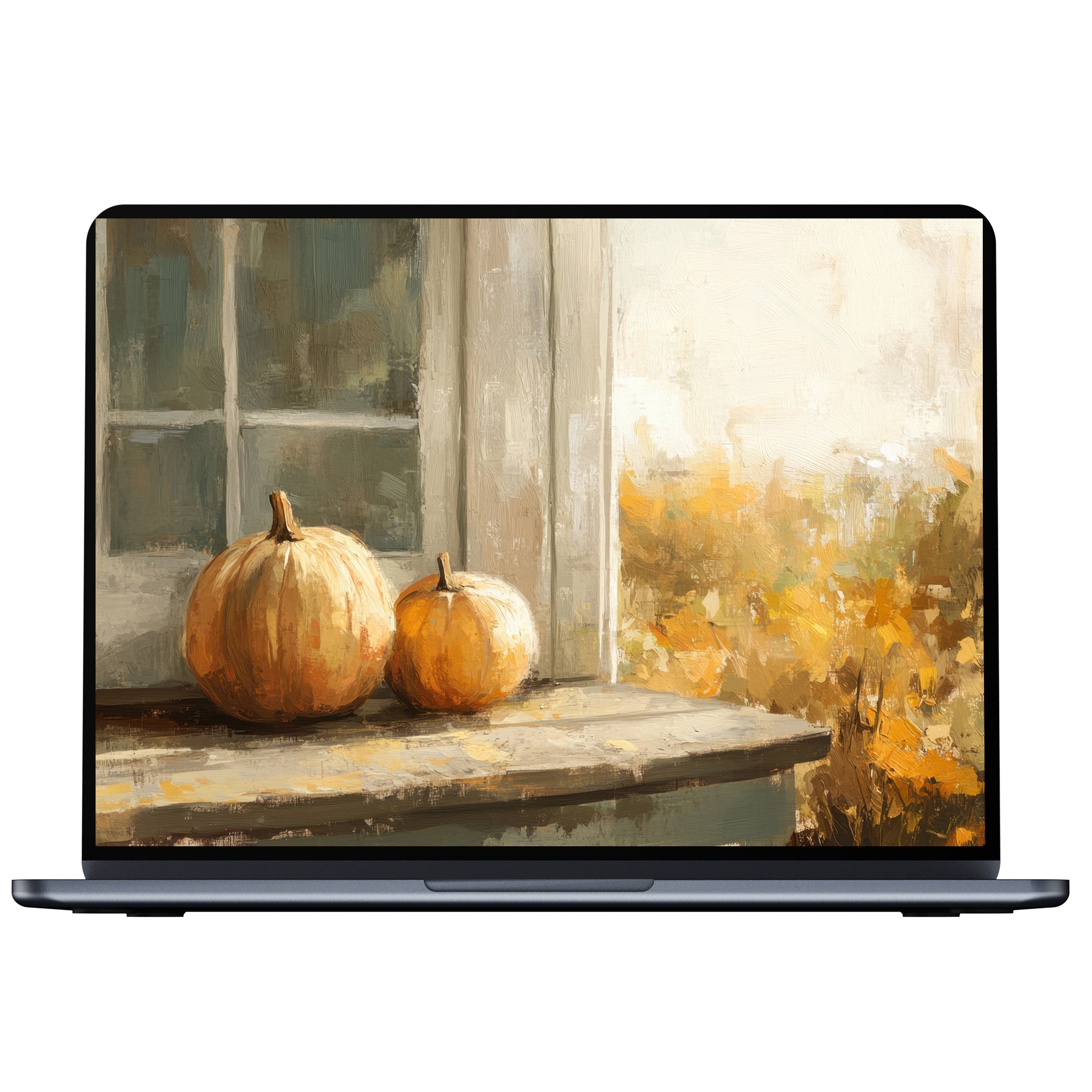 Elegant fall desktop wallpaper featuring pumpkins by a window in a warm, textured digital painting perfect for PC, laptop download
