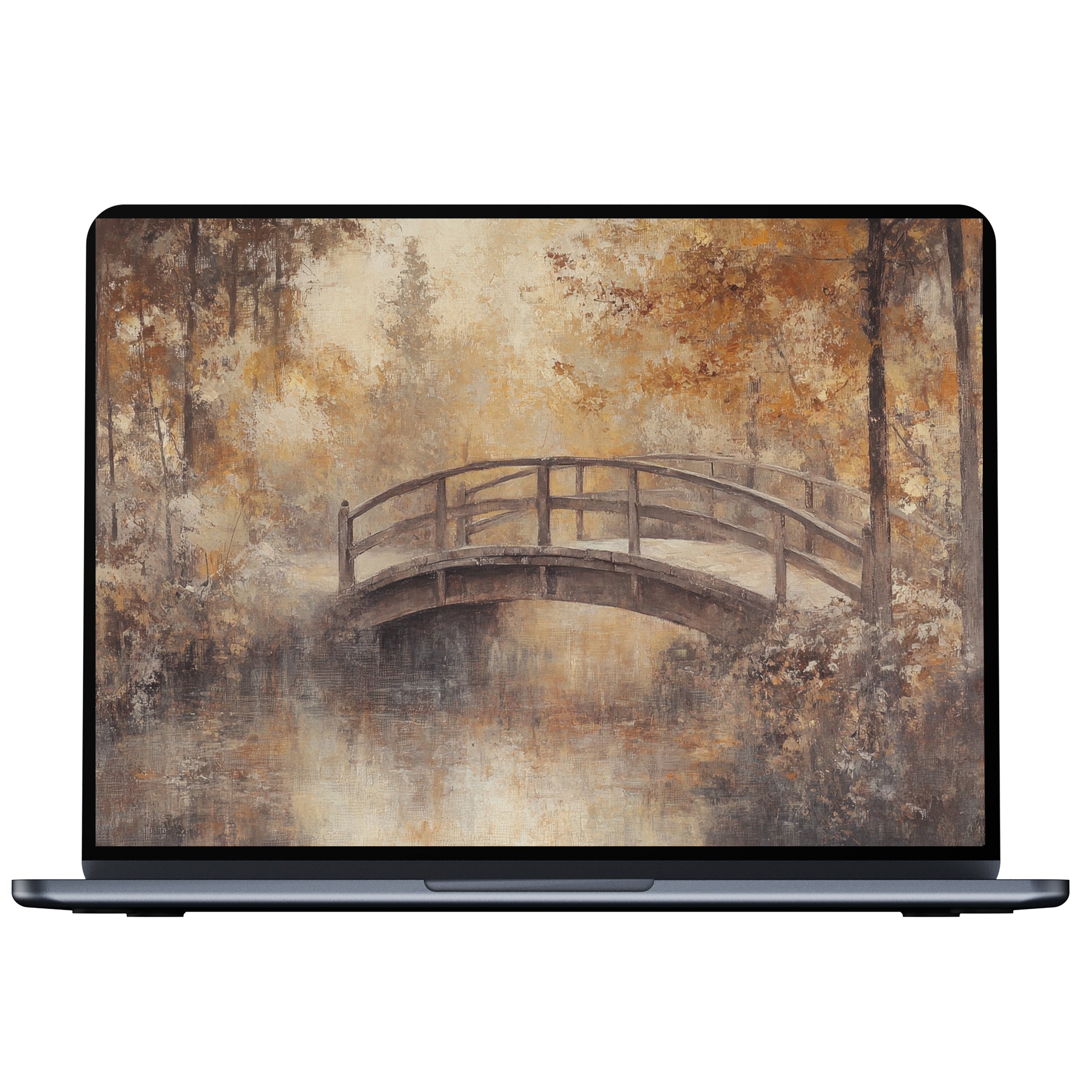 Elegant fall desktop wallpaper for PC and laptop features a serene bridge, offering digital download in warm autumnal hues for calm inspiration