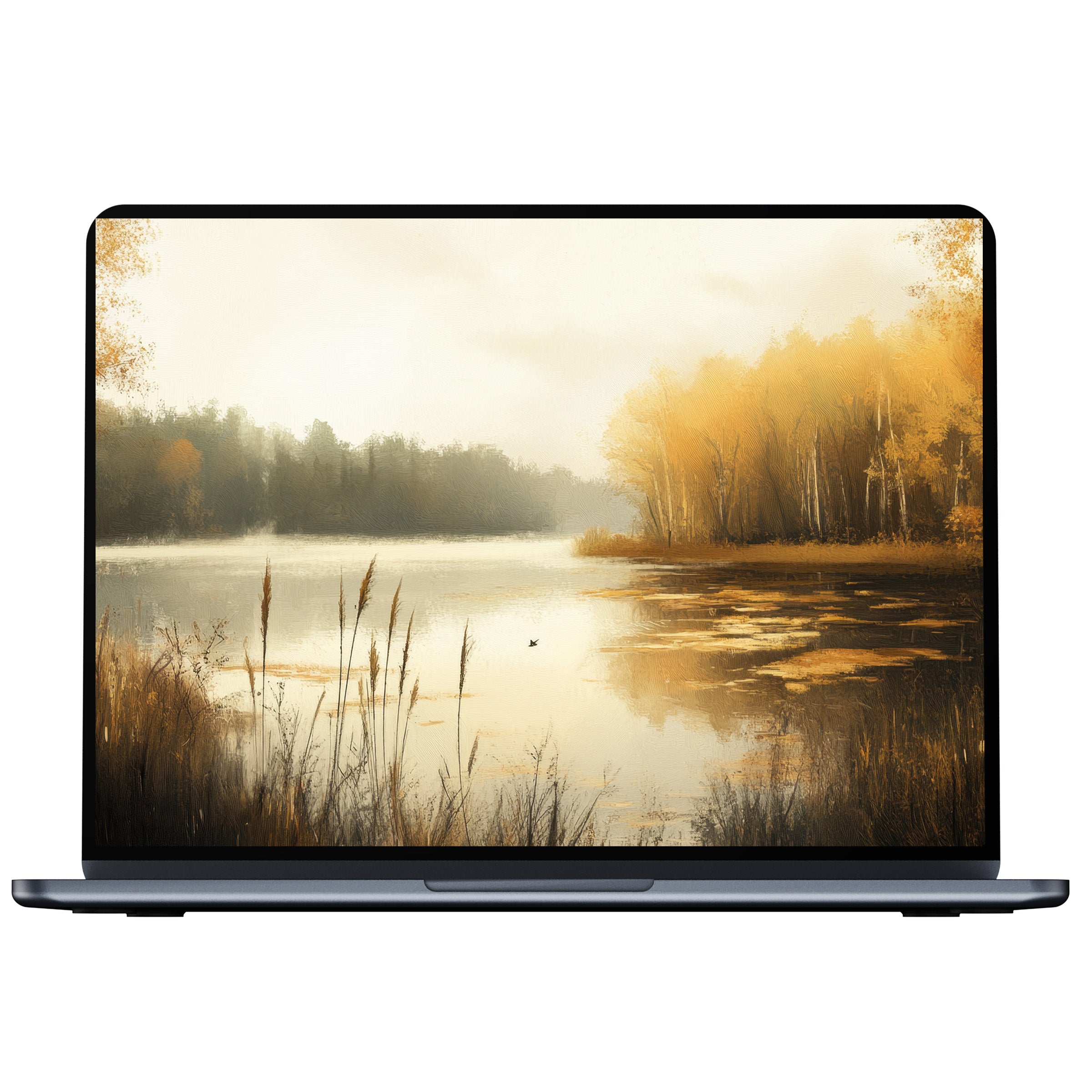 Serene fall desktop wallpaper featuring a misty autumn lake with golden foliage perfect digital download for PC or laptop users