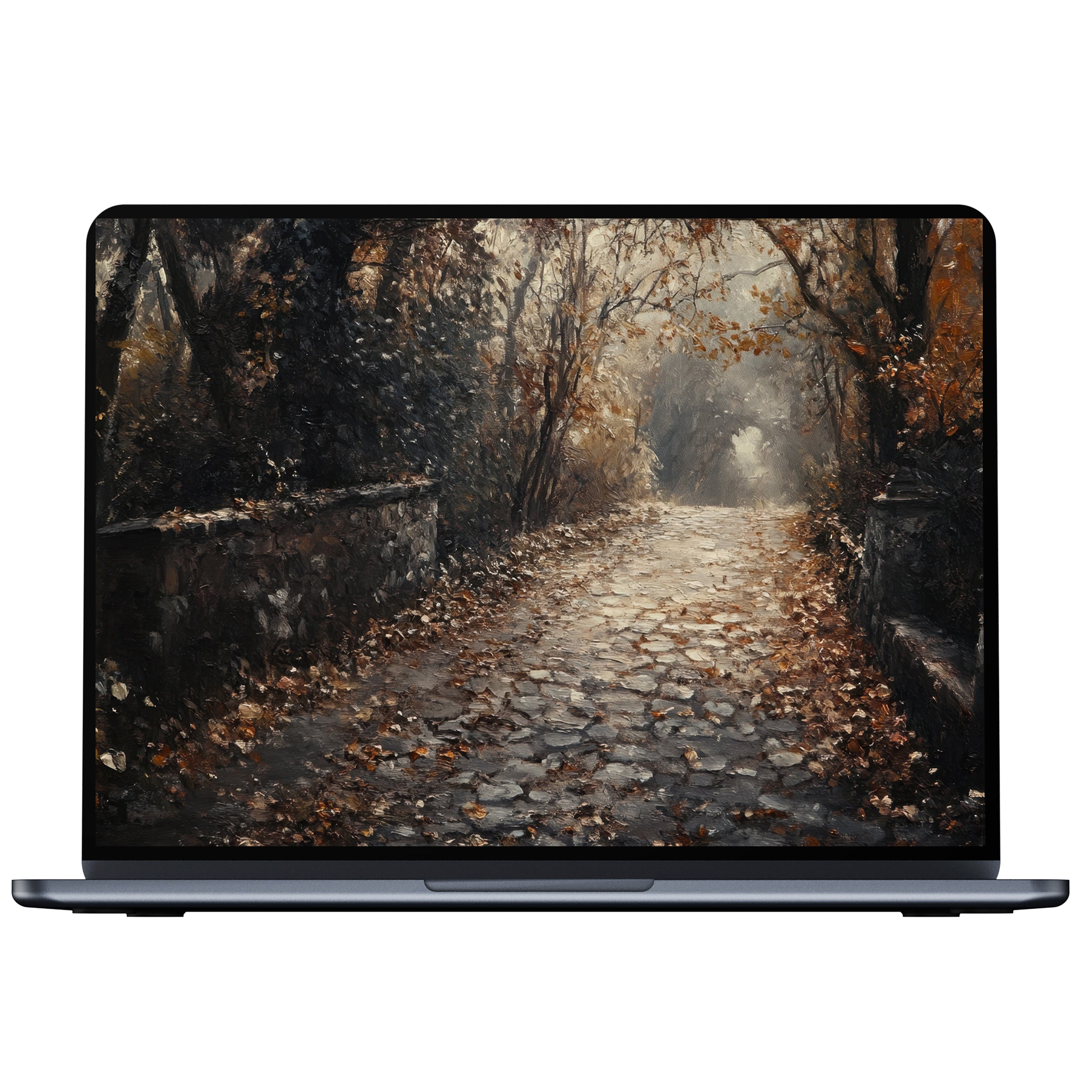 Elegant fall desktop wallpaper with a serene pathway through autumn leaves, perfect digital download for PC, Laptop or Mac users