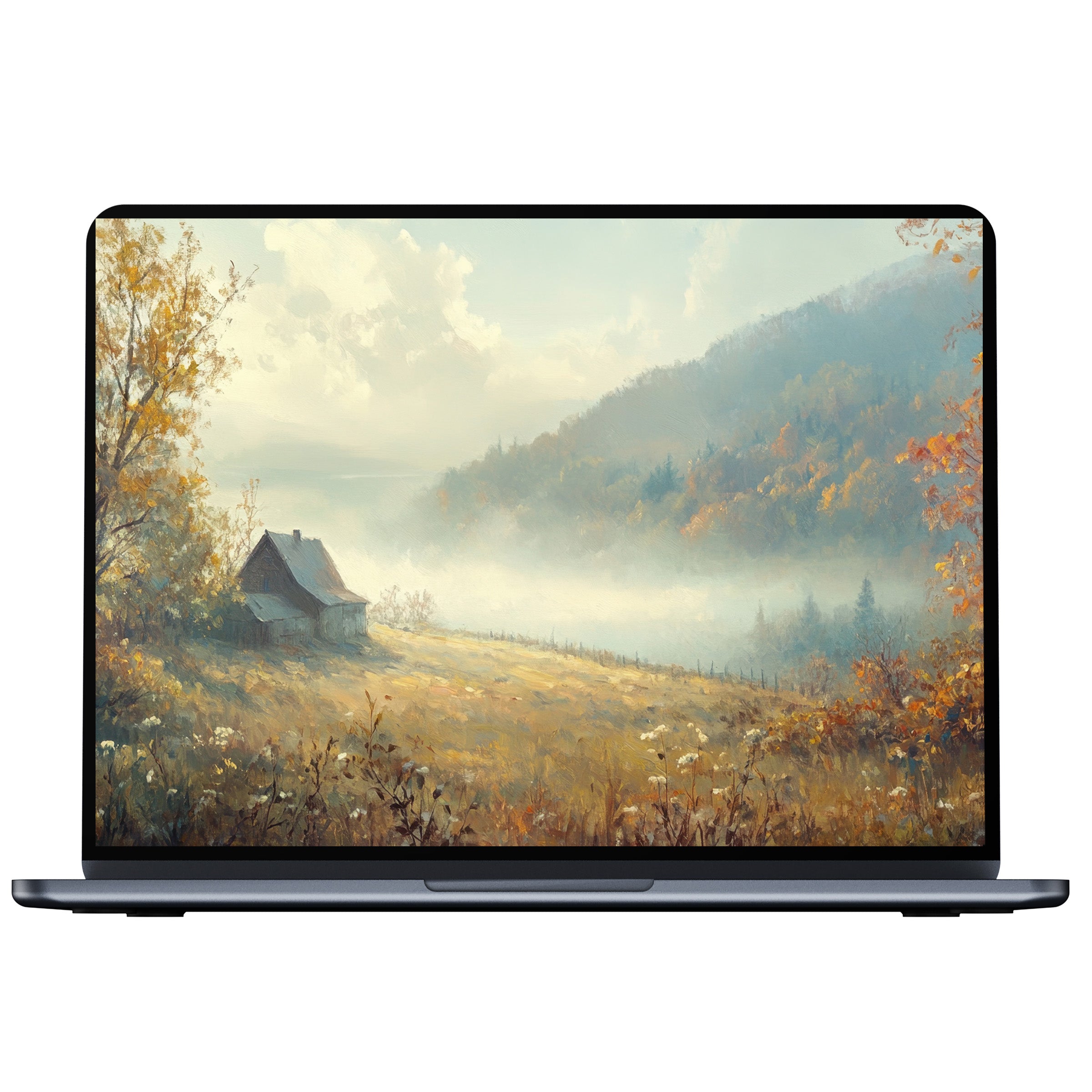 Calm and elegant fall desktop wallpaper digital download featuring a misty landscape for PC or laptop inspiring tranquility and style