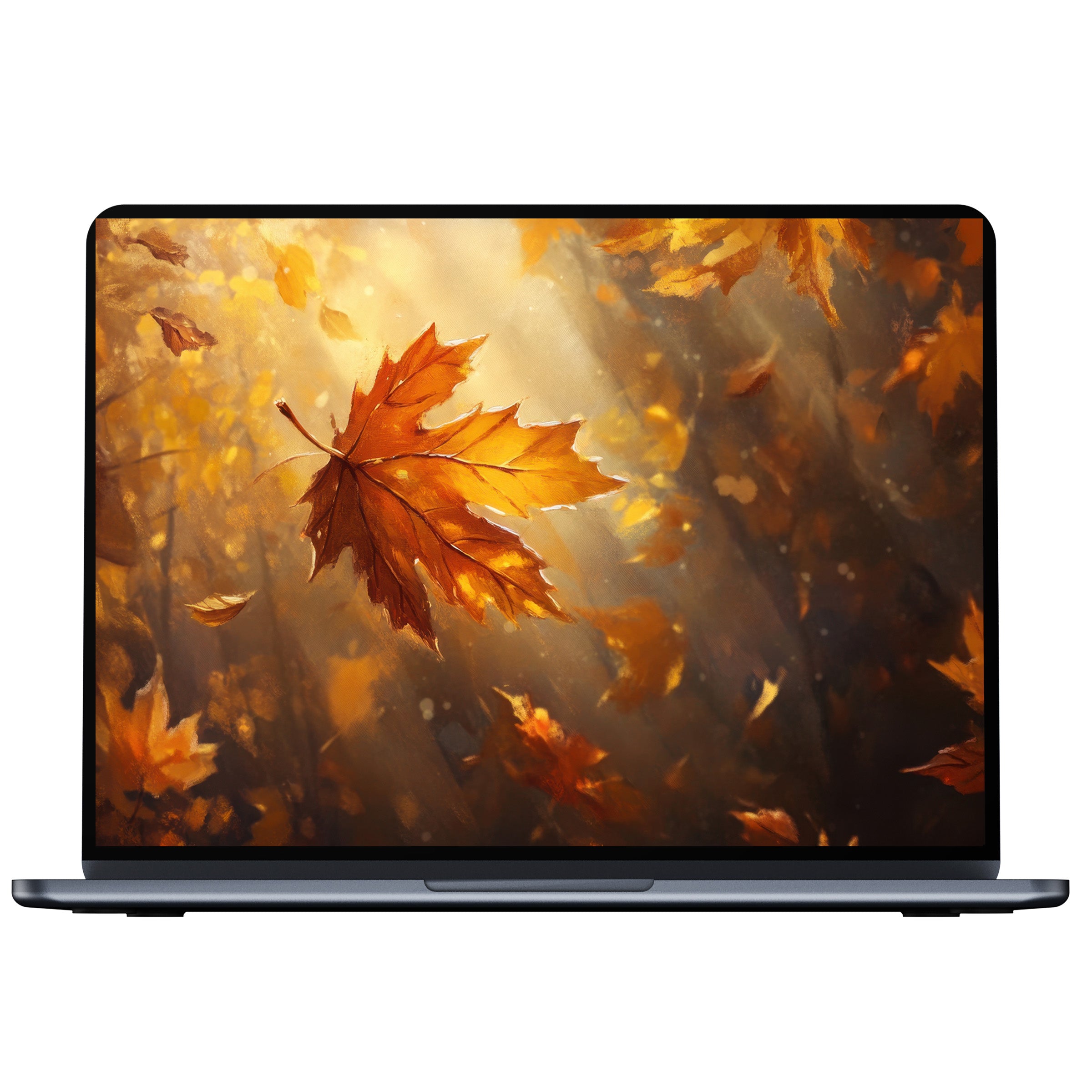 Elegant fall desktop wallpaper for PC and laptop featuring golden leaves, offering a calming digital download for mindful inspiration
