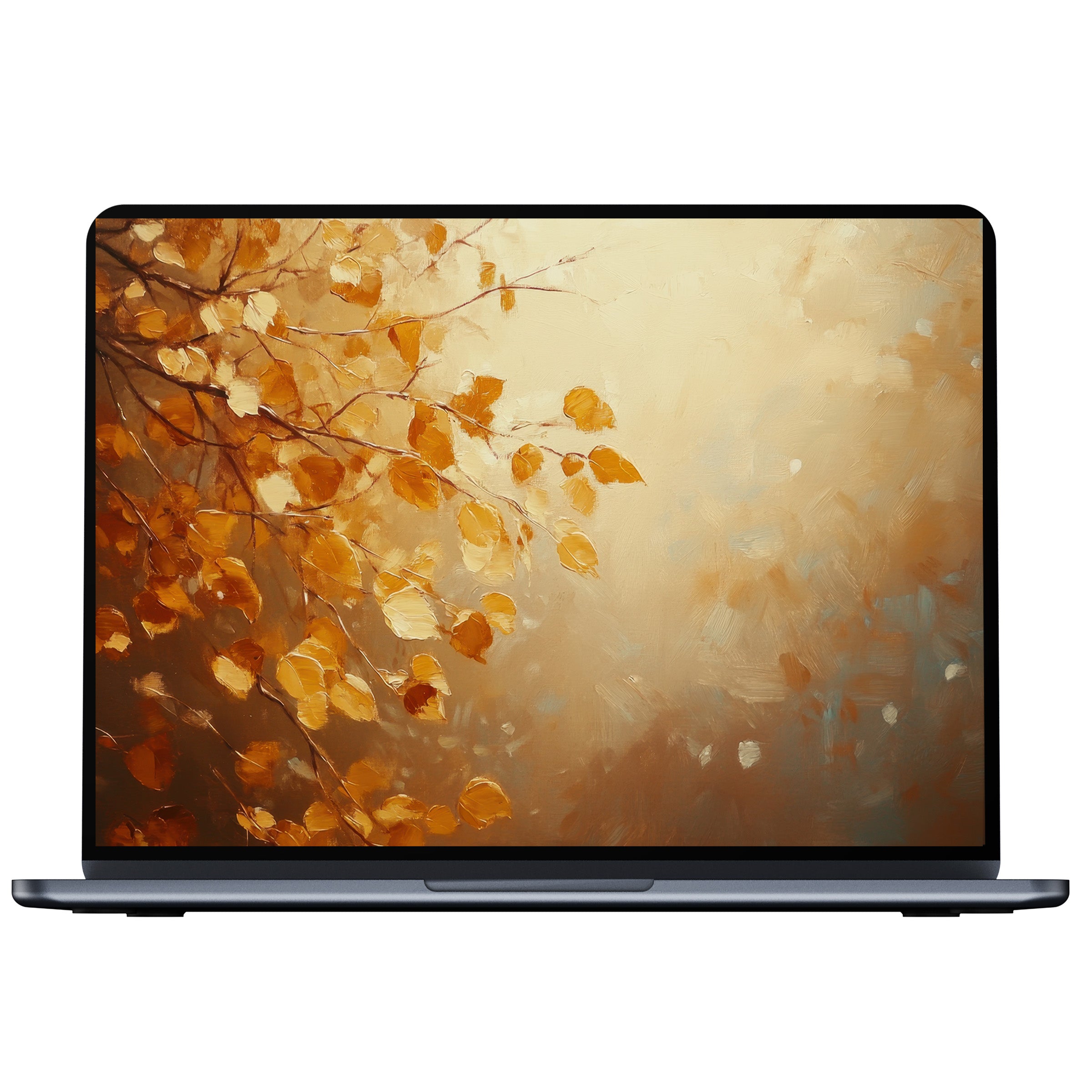 Elegant fall desktop wallpaper showcasing golden leaves in serene light, perfect as a calming digital download for PC or laptop use