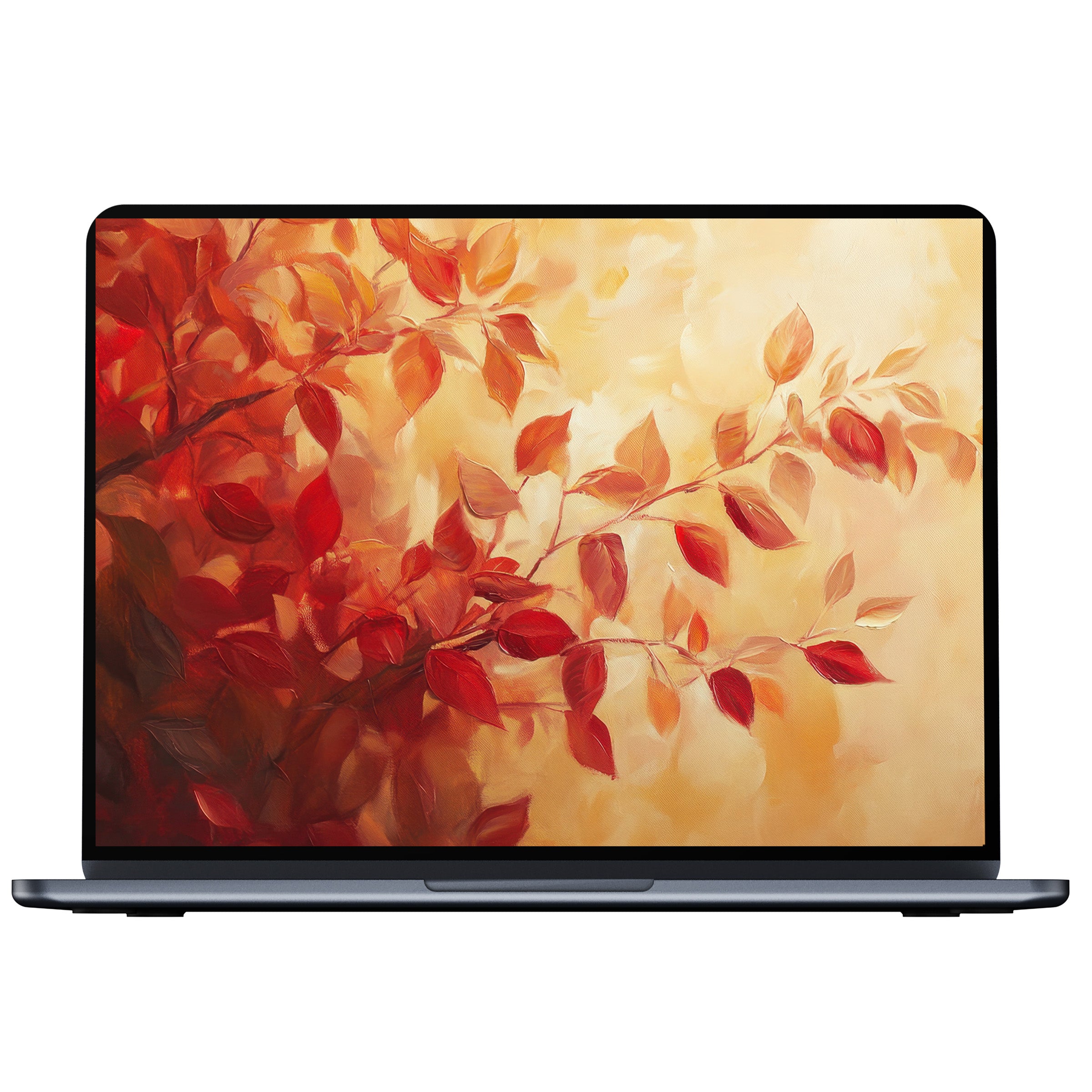 Elegant fall desktop wallpaper with warm red leaves on a laptop background offers a digital download for PC or Mac users