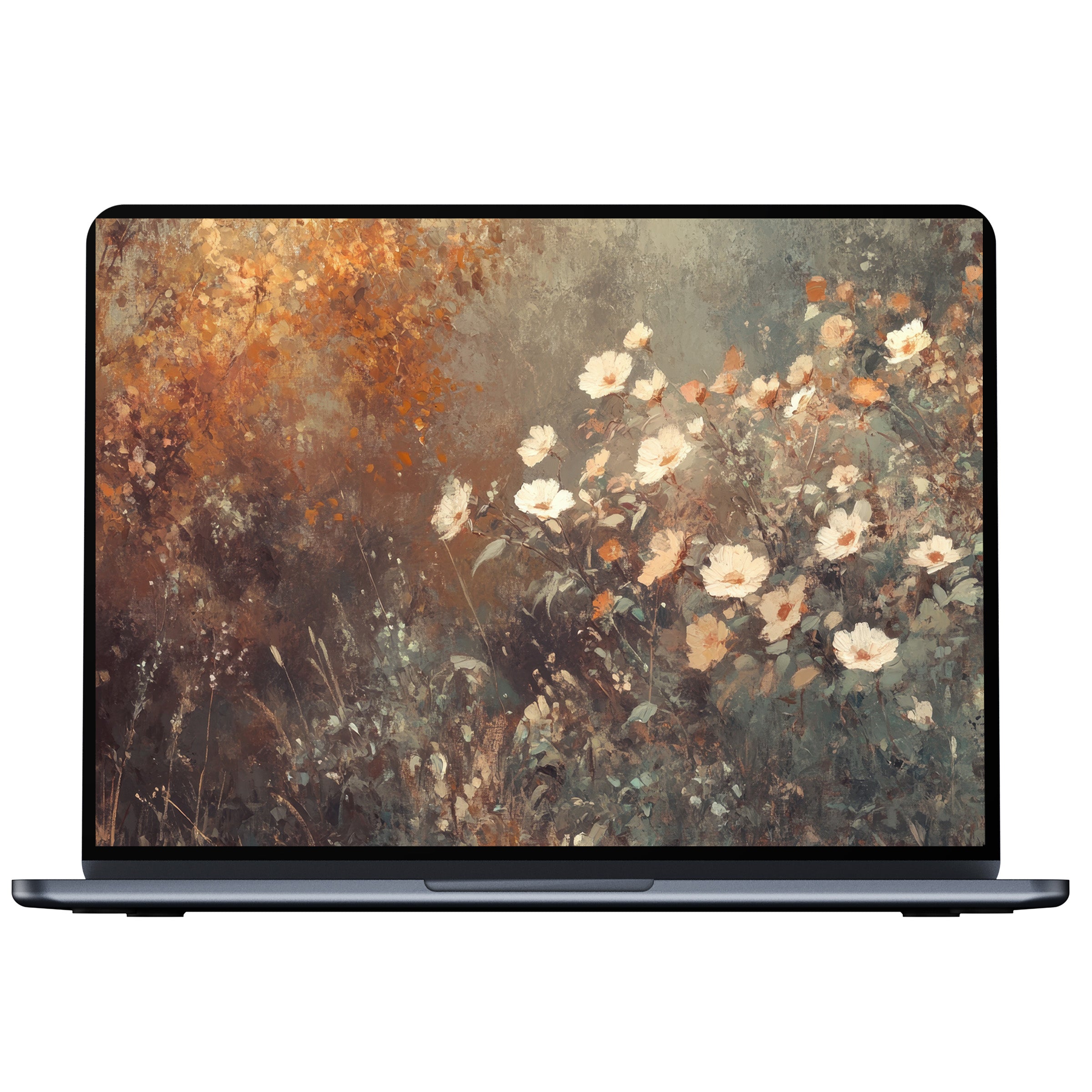 Elegant fall desktop wallpaper digital download featuring serene floral art in warm earth tones perfect for PC and laptop use