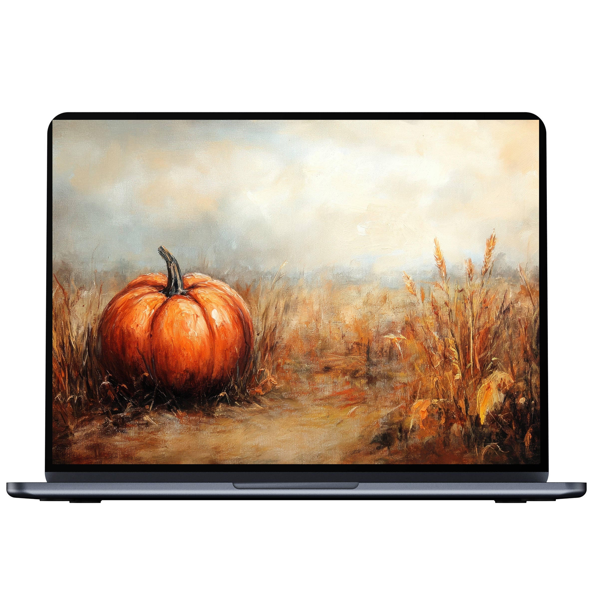 Fall desktop wallpaper featuring a rustic pumpkin in an autumn field, perfect digital download for PC or laptop screens