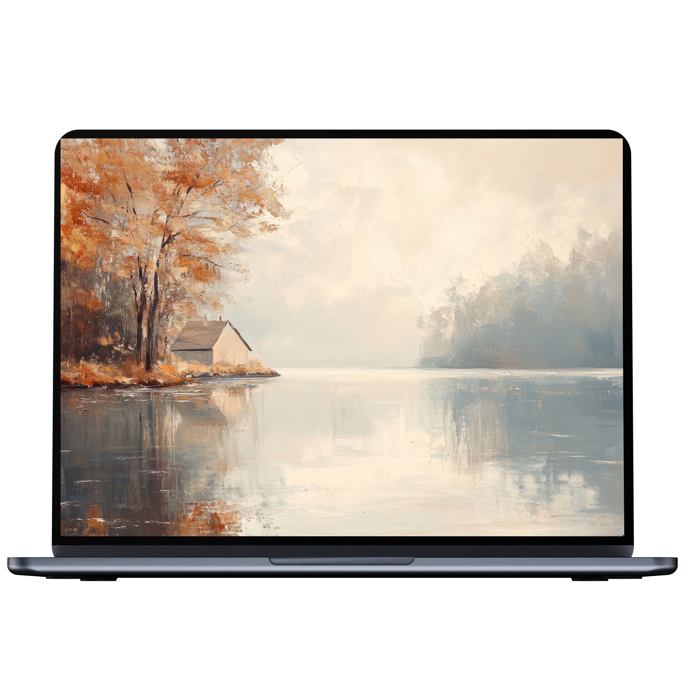 Fall desktop wallpaper digital download featuring serene lake and autumn trees in soft hues perfect for PC and laptop backgrounds