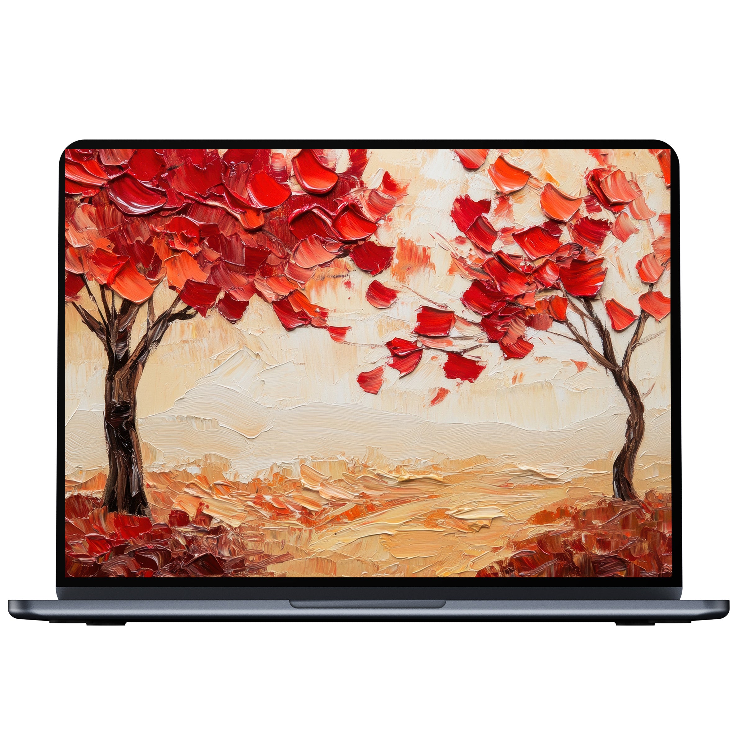 Autumn serenity with vibrant red trees in this fall desktop wallpaper digital download for PC, laptop, or Mac inspiring elegance