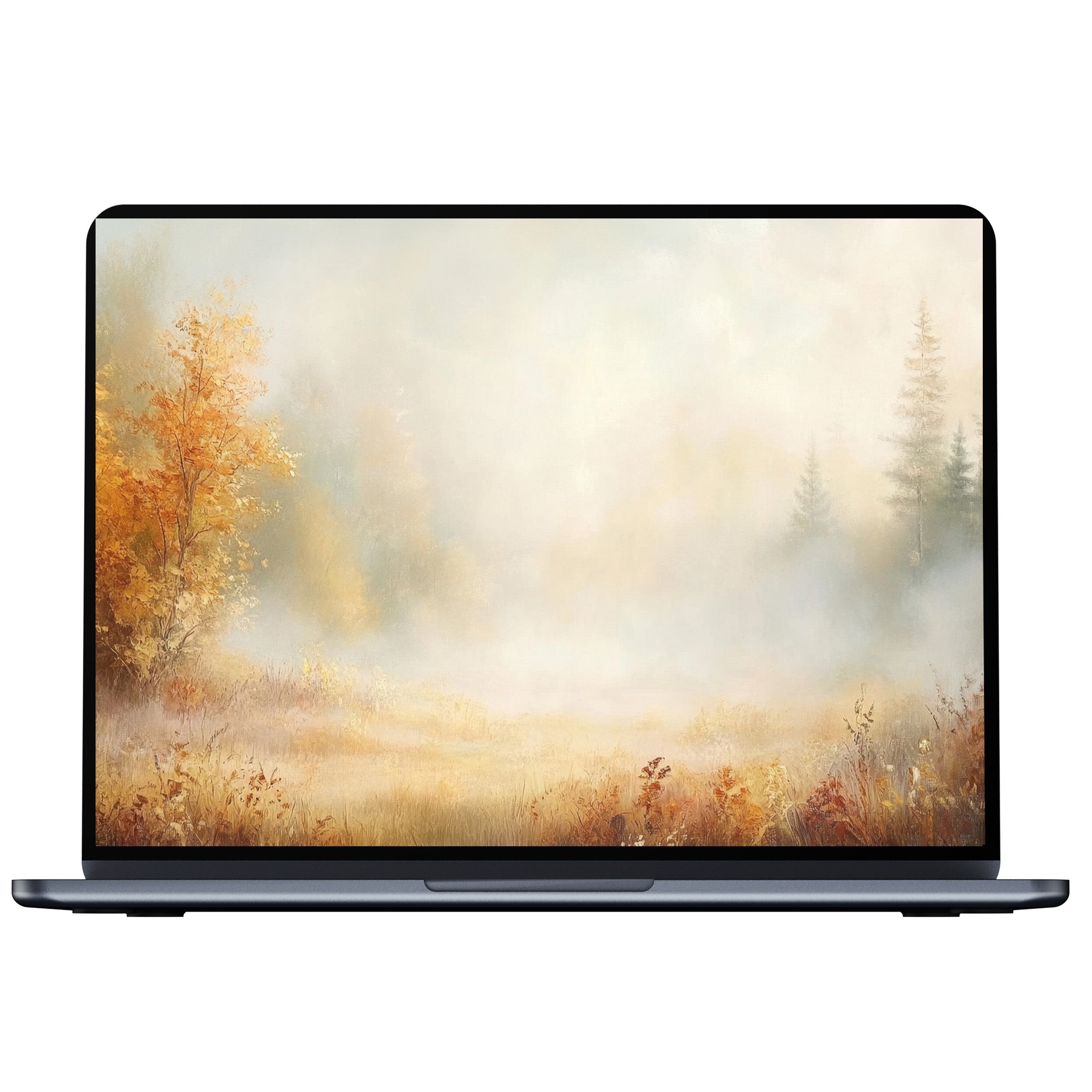 Elegant fall desktop wallpaper showcasing misty autumn trees and soft hues, perfect digital download for PC and laptop users seeking calm inspiration