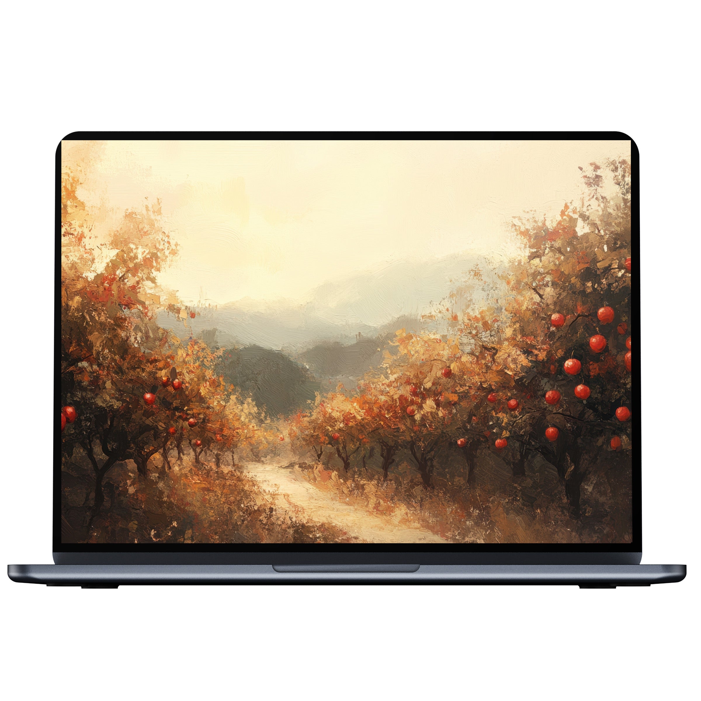 Fall desktop wallpaper with a serene orchard painting in warm autumn hues for PC, Laptop, Mac digital download harmonizes elegance