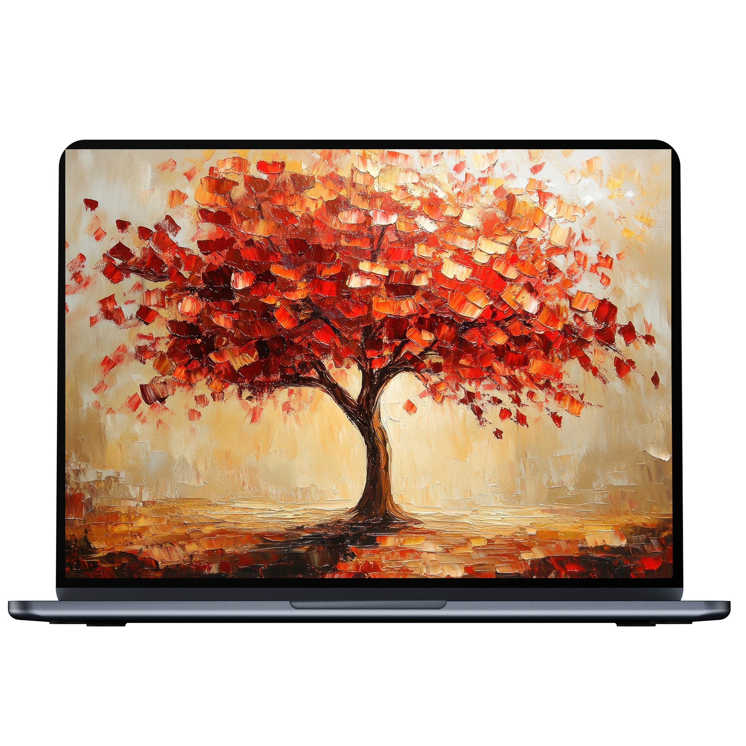 Elegant fall desktop wallpaper featuring a vibrant red tree painting for pc and laptop digital download inspiring calm and beauty
