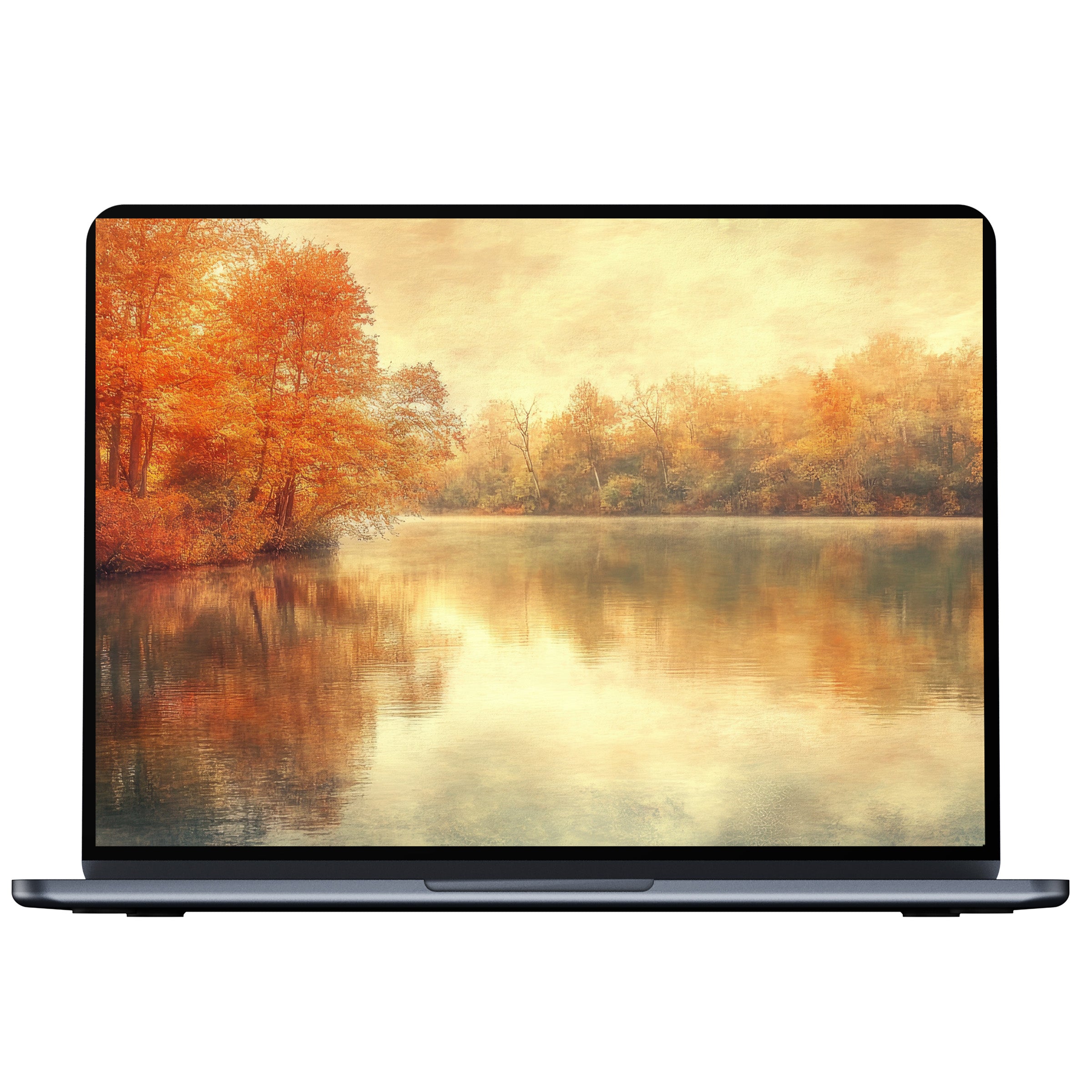 Elegant fall desktop wallpaper featuring serene autumn trees reflecting in a calm lake, perfect digital download for any PC or laptop