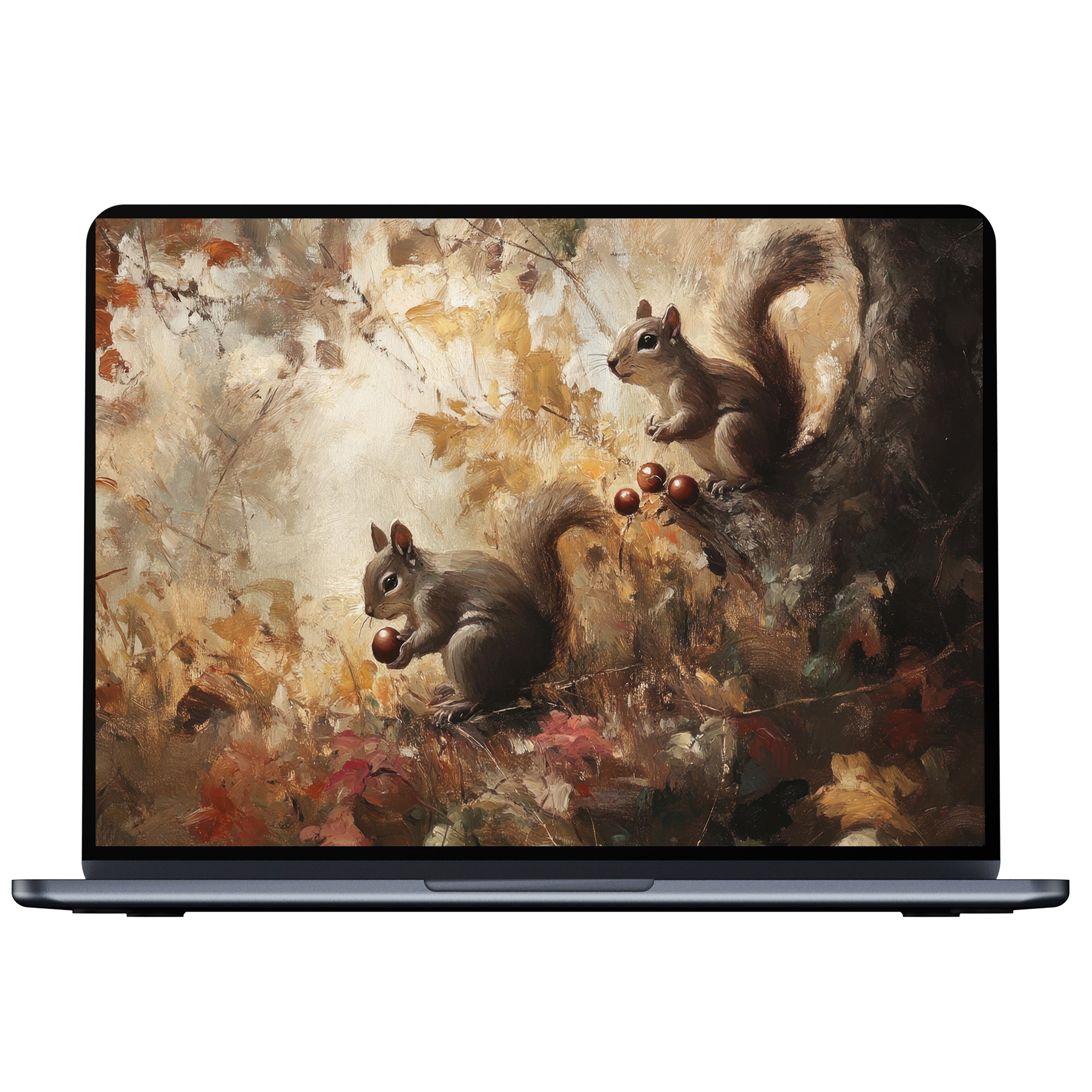Charming fall desktop wallpaper for PC and laptop showing squirrels amidst earthy autumn leaves Digital download for serene elegance