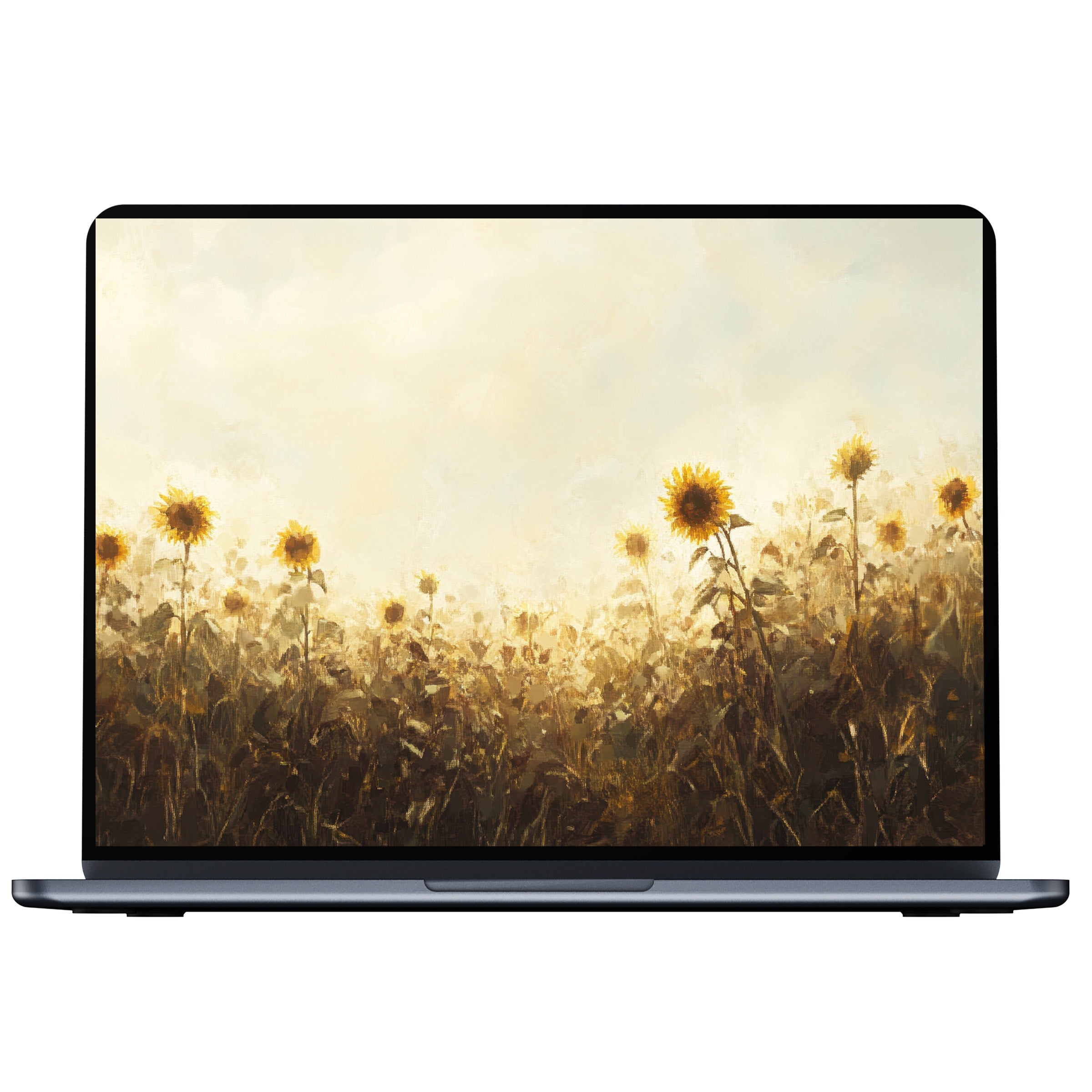 Elegant fall desktop wallpaper with sunflowers against a soft golden sky offers calm inspiration for your digital download on PC or laptop
