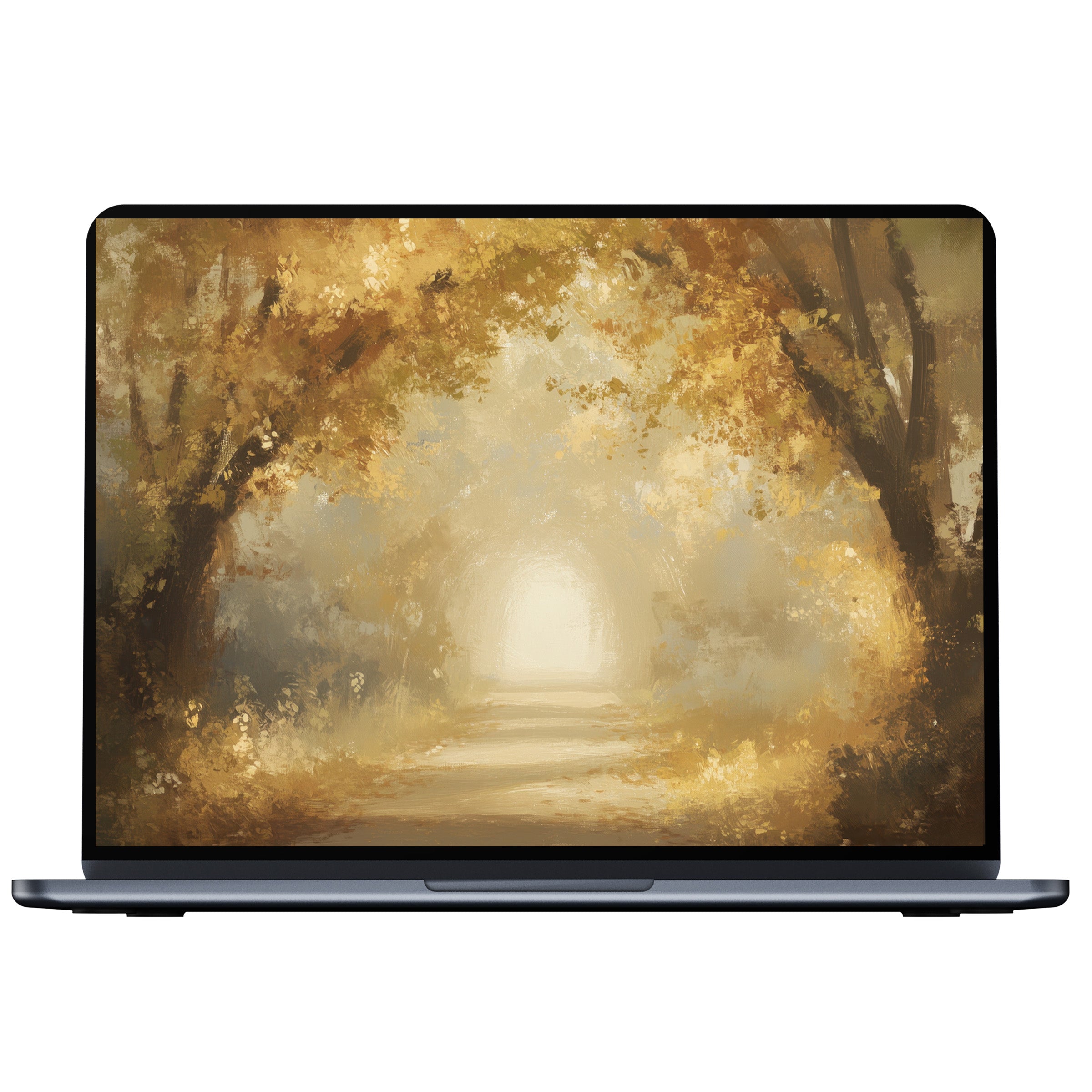 Fall desktop wallpaper with golden autumn trees creating a serene forest path for PC, laptop, digital download calming scenery