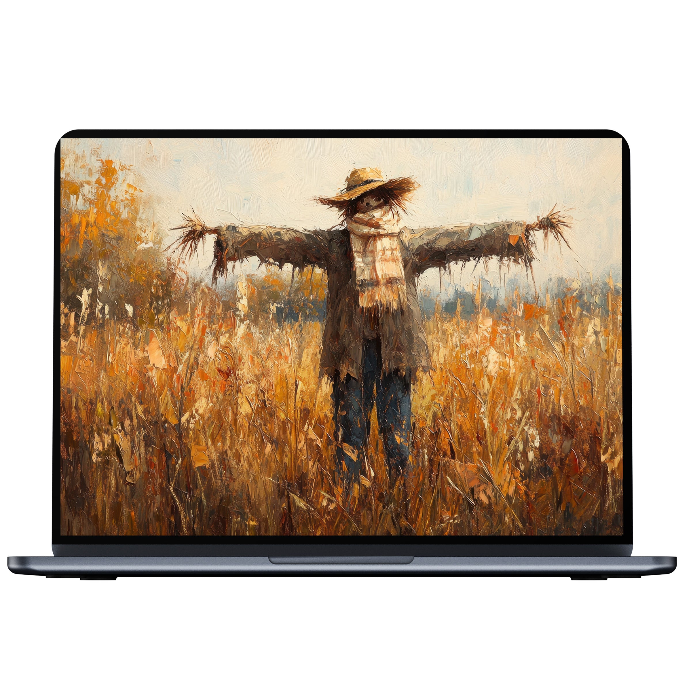 Fall desktop wallpaper digital download showcasing a serene scarecrow painting in warm tones perfect for PC or laptop backgrounds