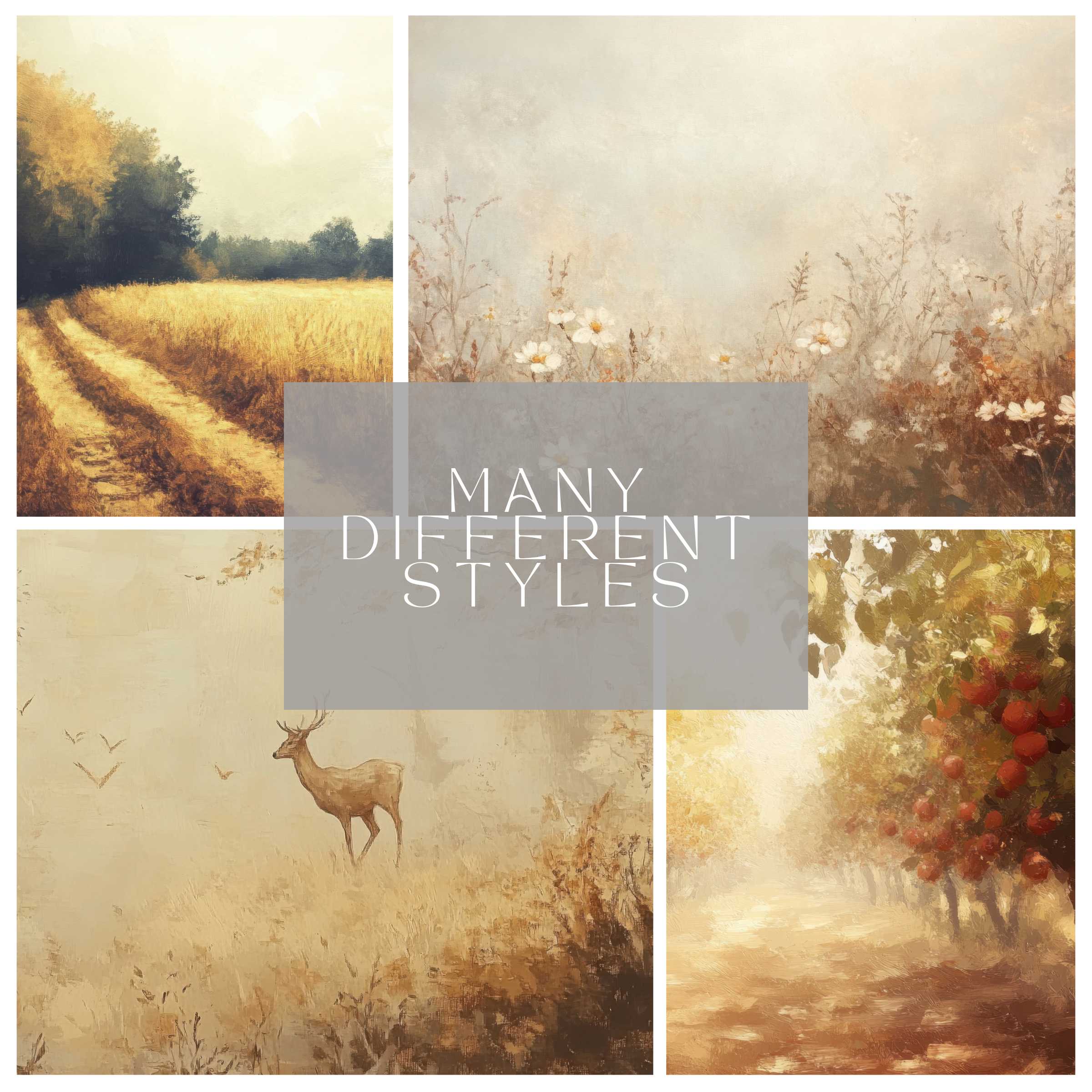 Elegant computer background featuring serene landscapes with deer and fields in earthy tones, curated for high resolution digital download