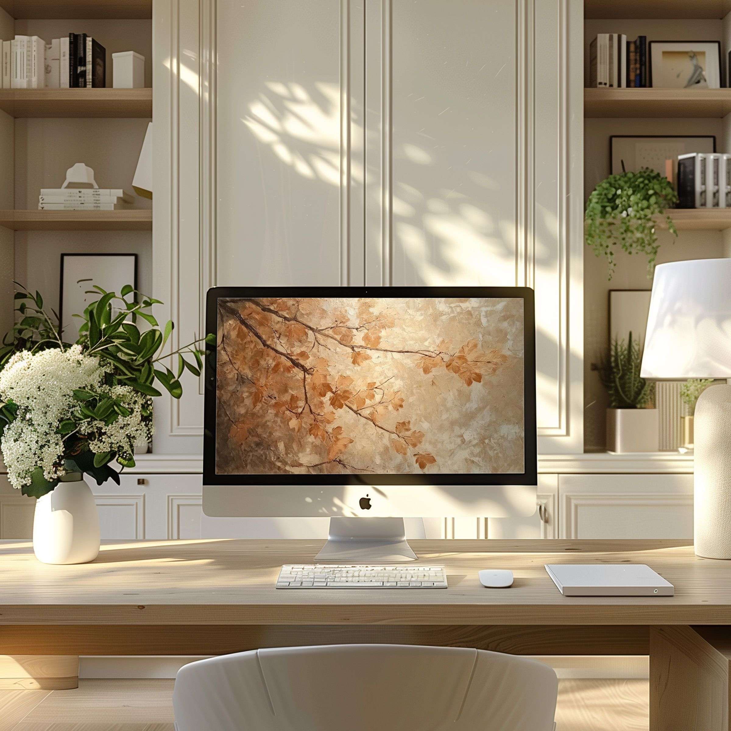 iMac on desk in cozy home office displaying a festive Easter wallpaper for Mac featuring a cute bunny holding colorful Easter eggs on a soft pastel background