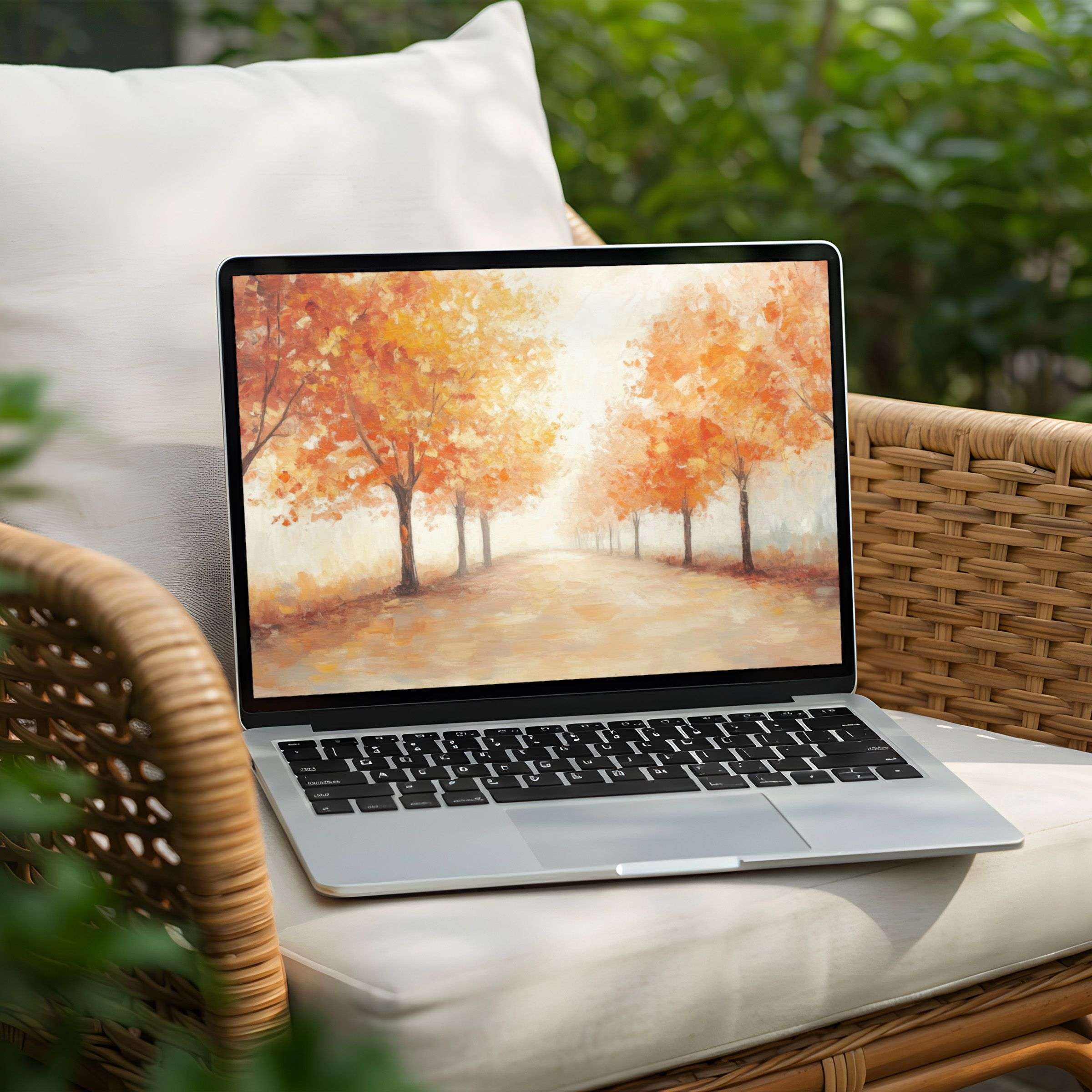 Autumn serenity painting on a laptop desktop background for instant download enhances PC decor with elegance and mindfulness