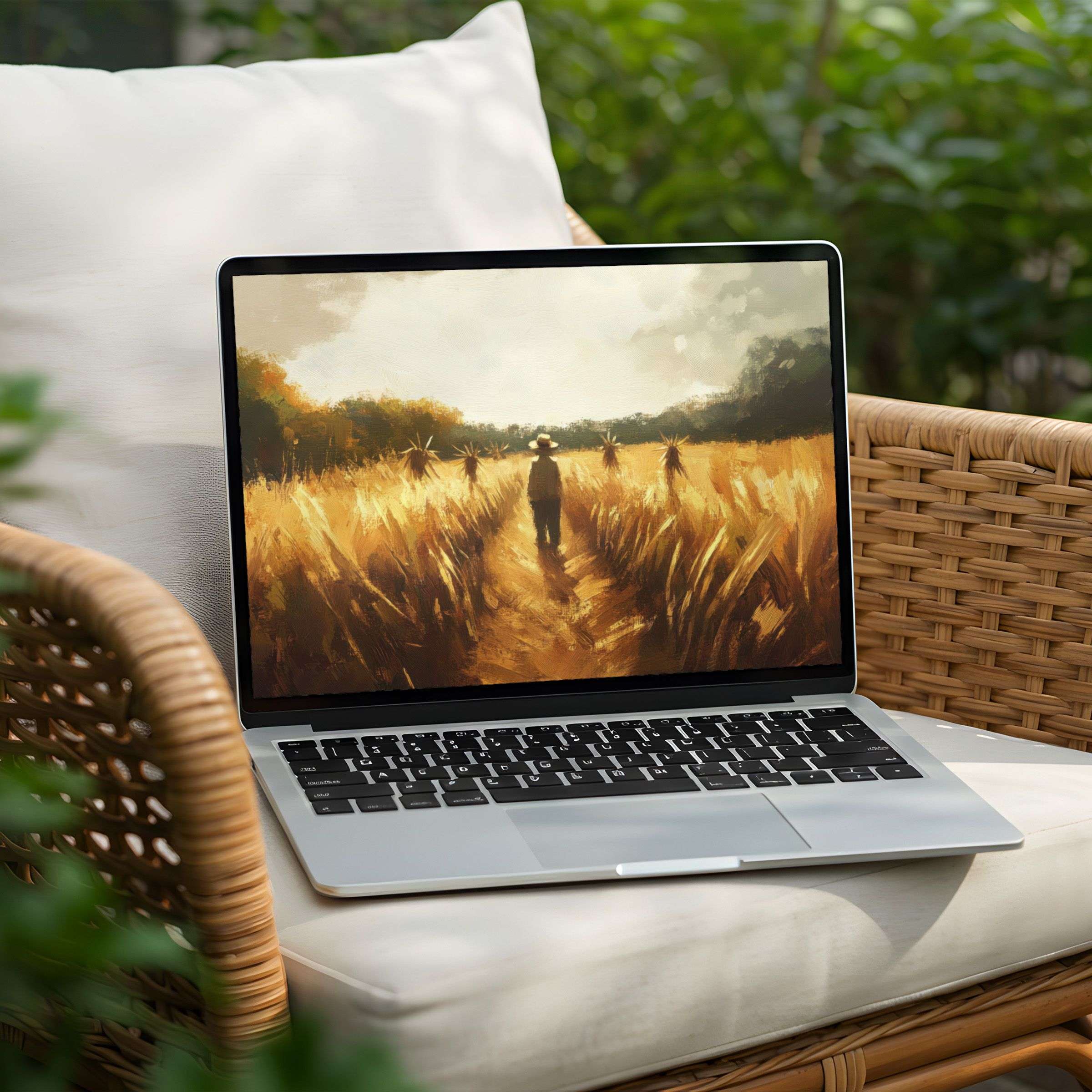 Serene desktop background for PC and Laptop instant download featuring a calming wheat field painting evoking mindfulness and elegance