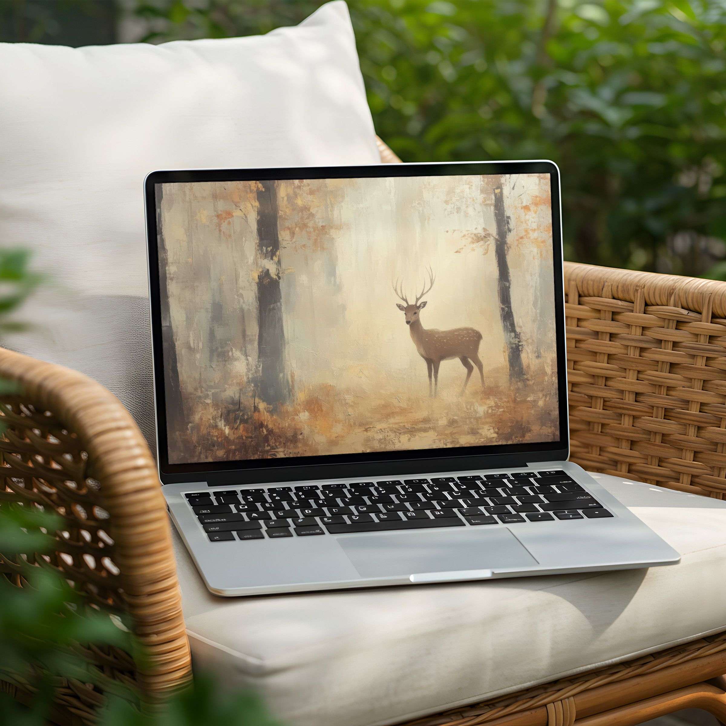 Elegant desktop background for PC or Laptop showcasing a serene forest scene with a deer, perfect for instant download and mindfulness